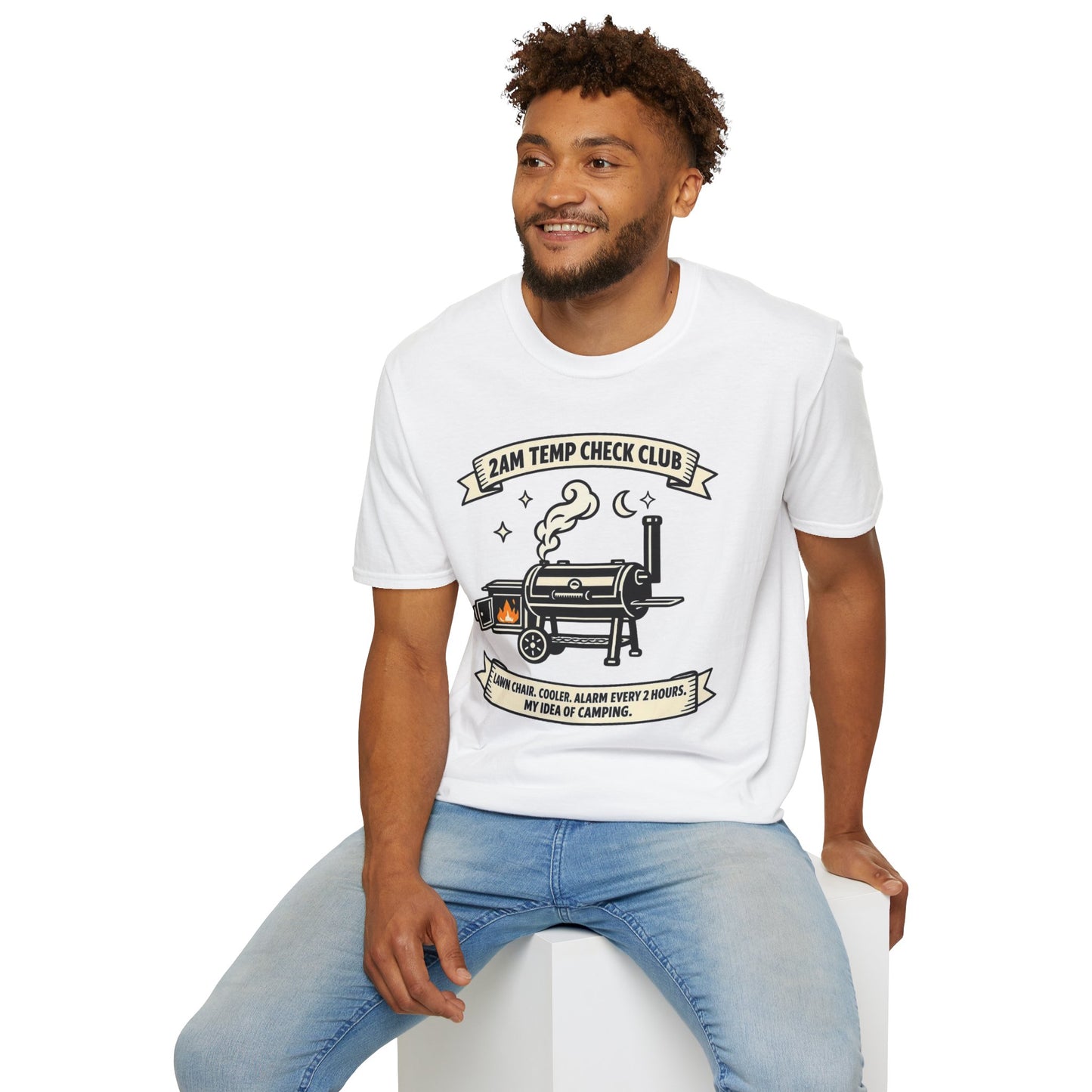 2AM Temp Check Club Shirt, White, worn by a model seated on a white block