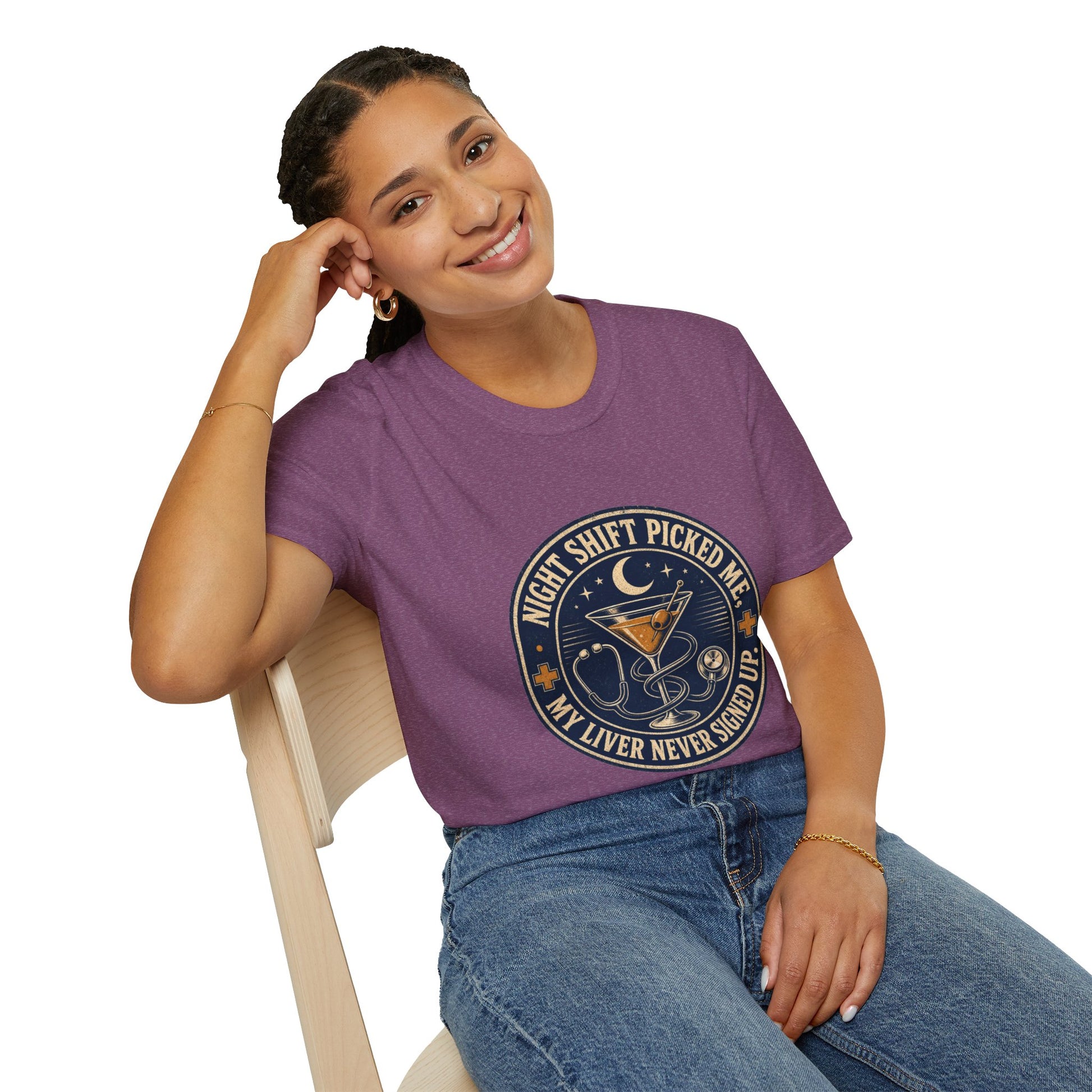 Circular vintage badge t-shirt graphic with a crescent moon and stars, a stethoscope wrapped around a martini glass, text reading Night Shift Picked Me, My Liver Never Signed Up