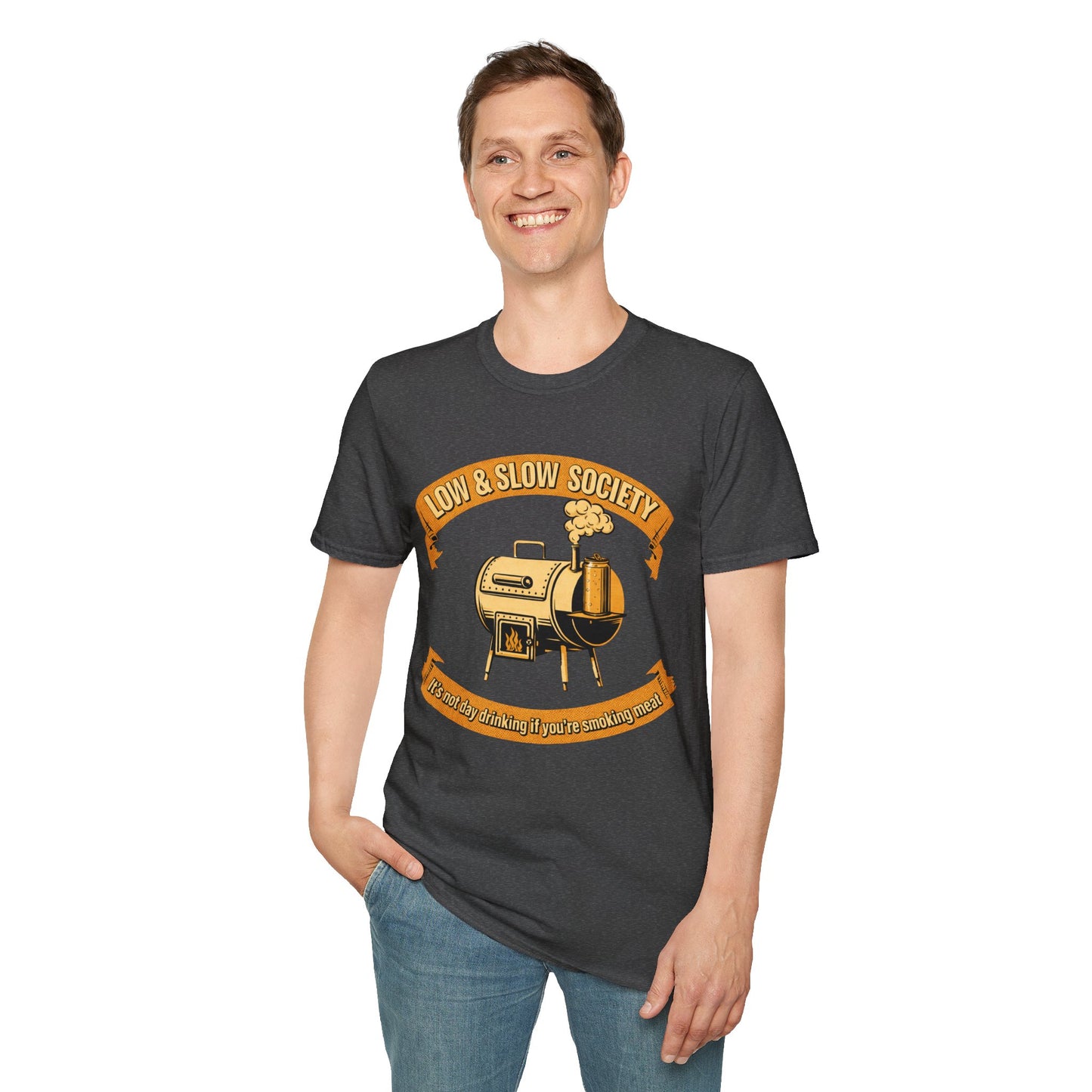 Low & Slow Society Shirt, Dark Heather charcoal, worn by a standing model with one hand in their pocket