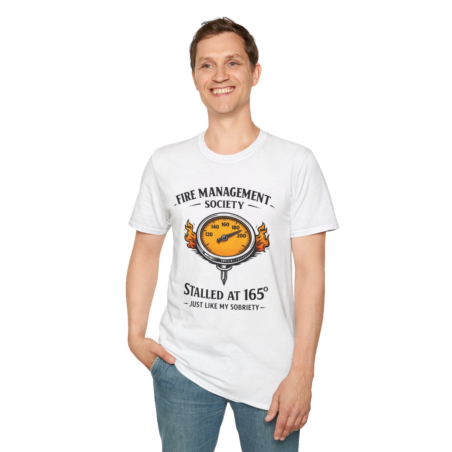 Fire Management Society Shirt, White, worn by a standing model with one hand in their pocket