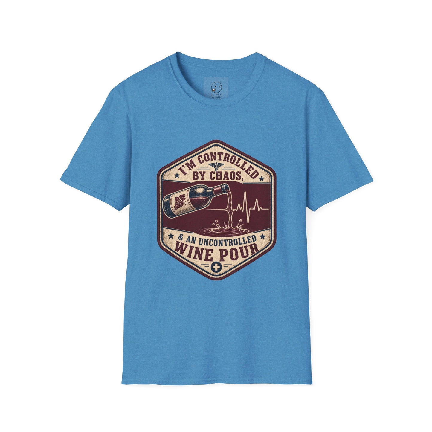 Hexagonal vintage badge t-shirt graphic of a wine bottle mid-pour with the liquid stream shaped like a heartbeat line, text reading I'm Controlled By Chaos & An Uncontrolled Wine Pour