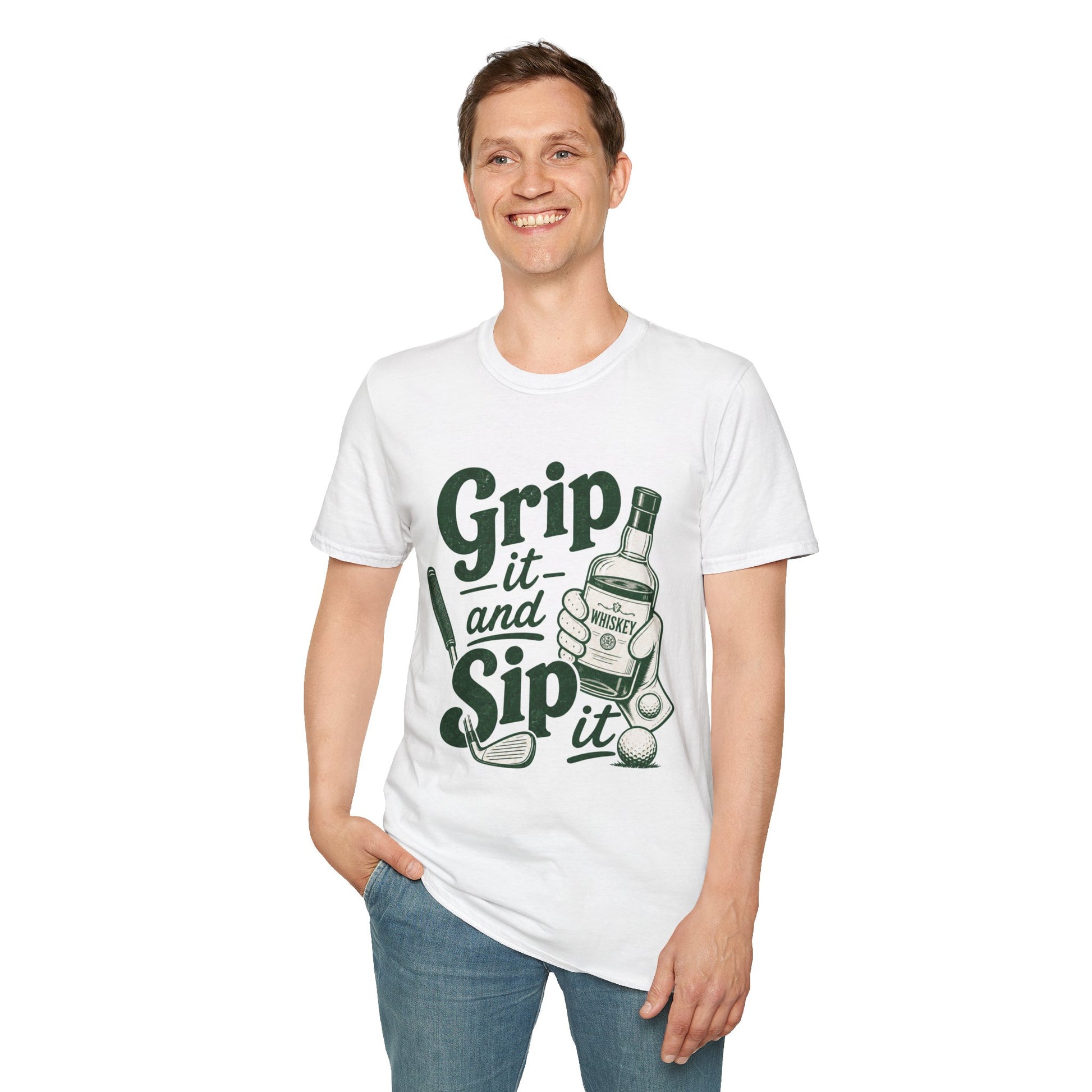 Grip It and Sip It funny golf whiskey shirt, White, worn by a standing model