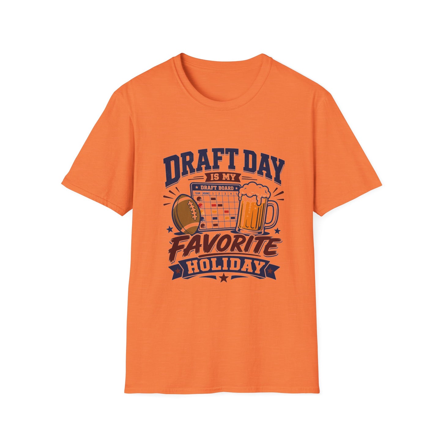 T-shirt design with navy Draft Day text, a fantasy football draft board grid, football, and foaming beer mug graphic, banner reading Favorite Holiday