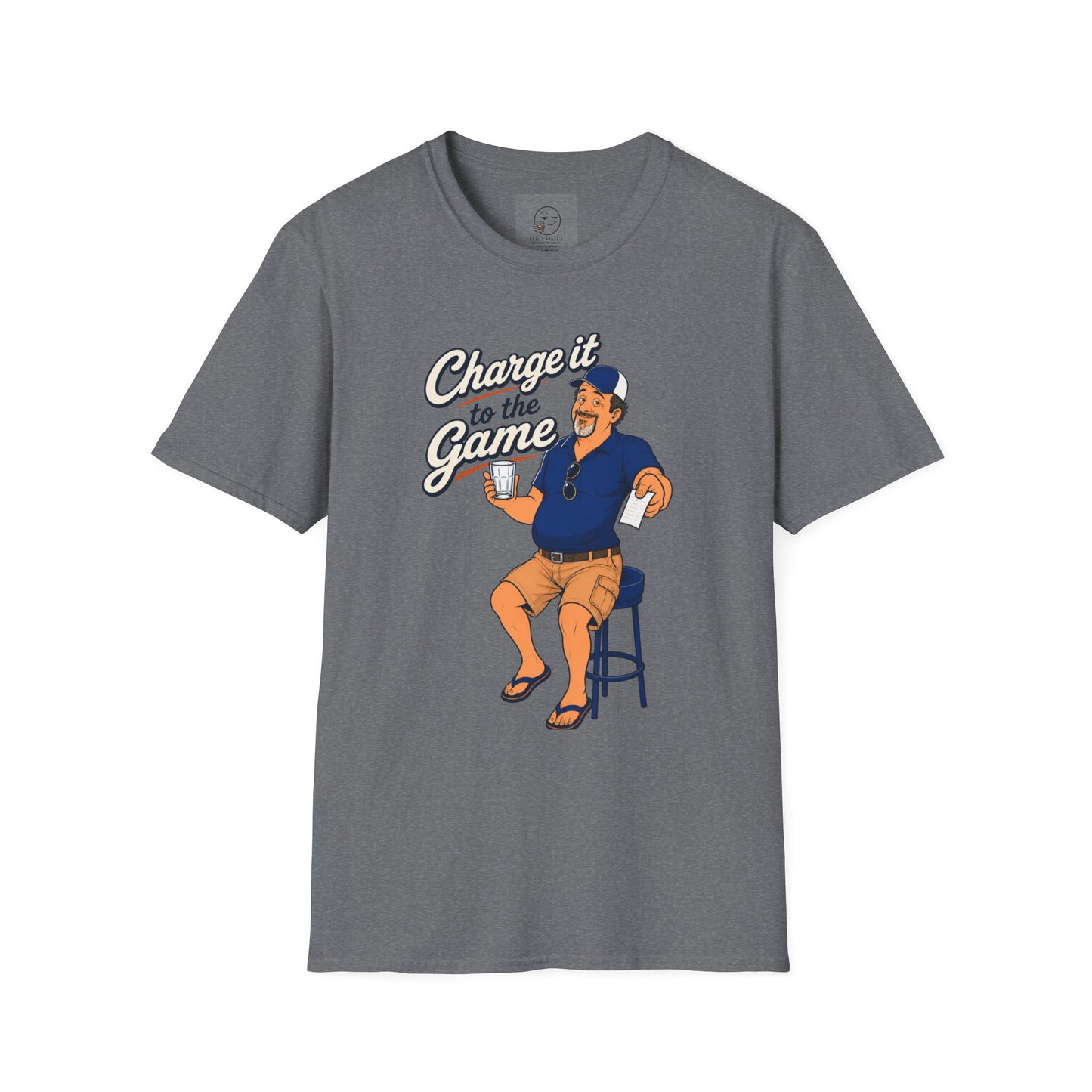 Retro cartoon t-shirt graphic of the Dry Wit dad mascot holding a bar tab at a sports bar, text reading Charge It To The Game