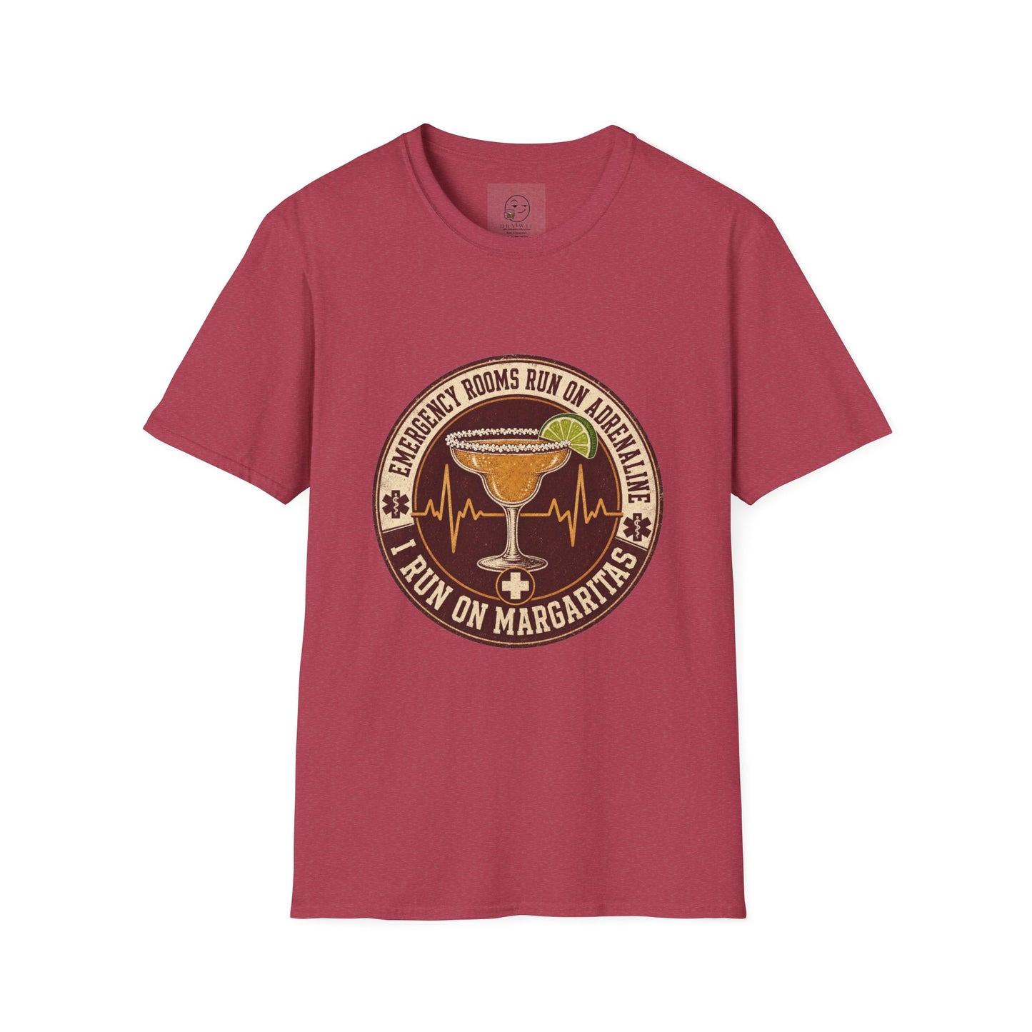 Circular vintage badge t-shirt graphic of a margarita glass with a salted rim and lime wedge beside a heartbeat line, text reading Emergency Rooms Run On Adrenaline, I Run On Margaritas