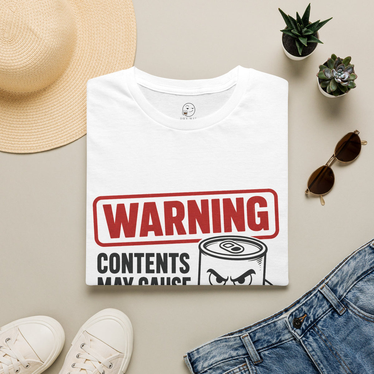 Warning: Contents May Cause Brutal Honesty Shirt, White, folded flat lay styled with a straw hat, sunglasses, sneakers and denim