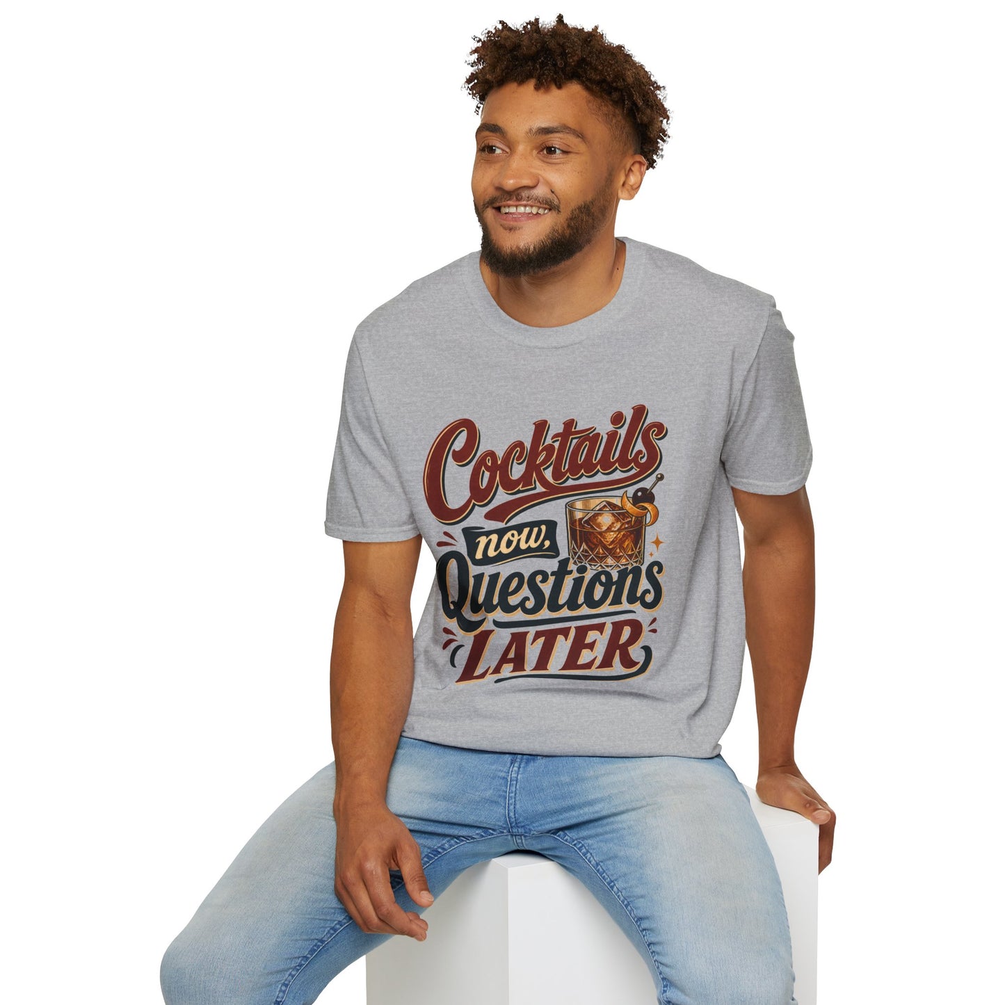 Cocktails Now, Questions Later Shirt, Sport Grey, worn by a model seated on a white block