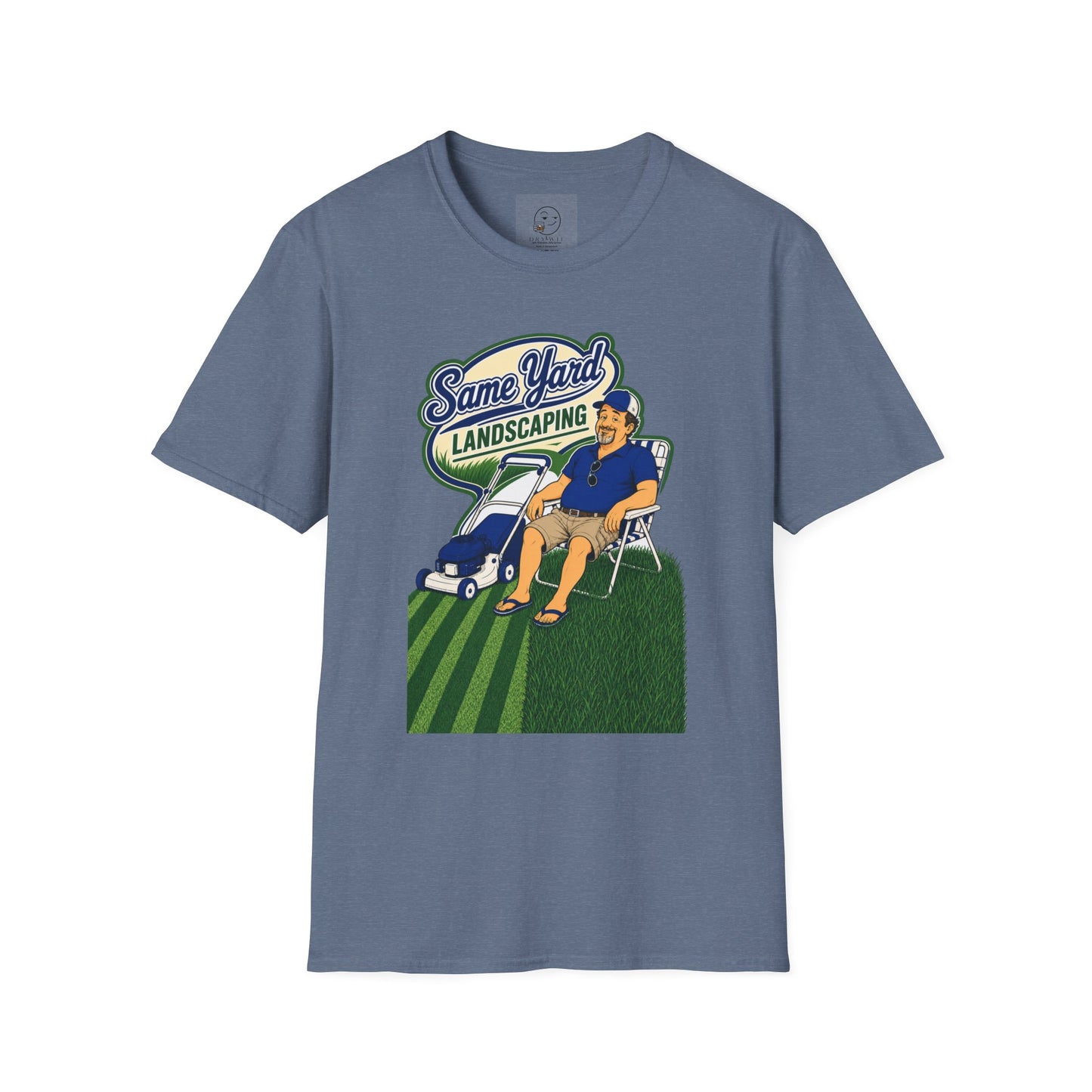 Retro cartoon t-shirt graphic of the Dry Wit dad mascot with a beer beside a lawn mower and grass stripes, text reading Same Yard Landscaping