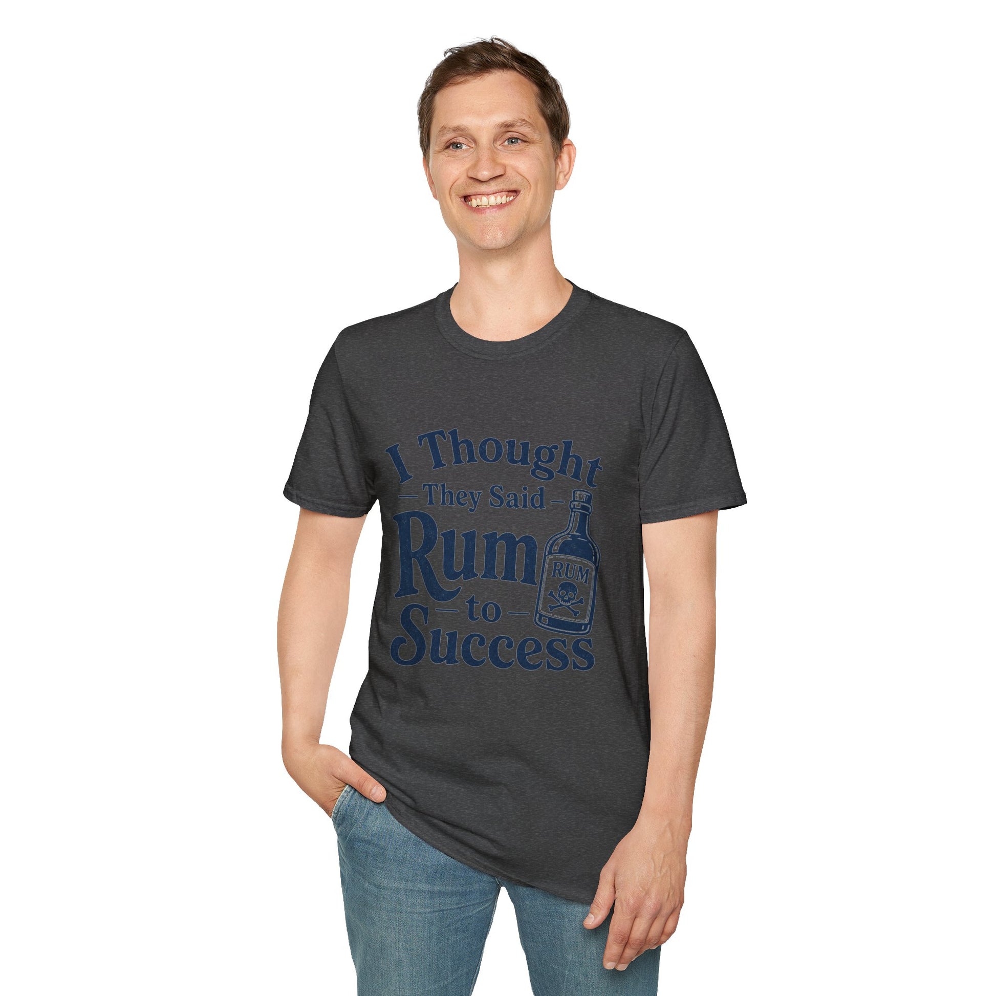 I Thought They Said Rum to Success Shirt, Dark Heather charcoal, worn by a standing model with one hand in their pocket