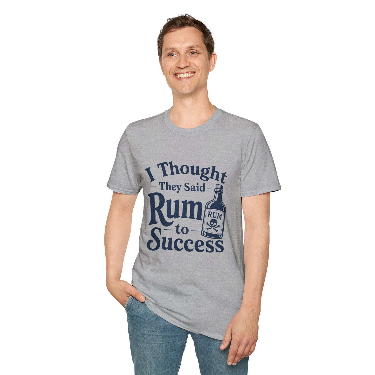 I Thought They Said Rum to Success Shirt, Sport Grey, worn by a standing model with one hand in their pocket
