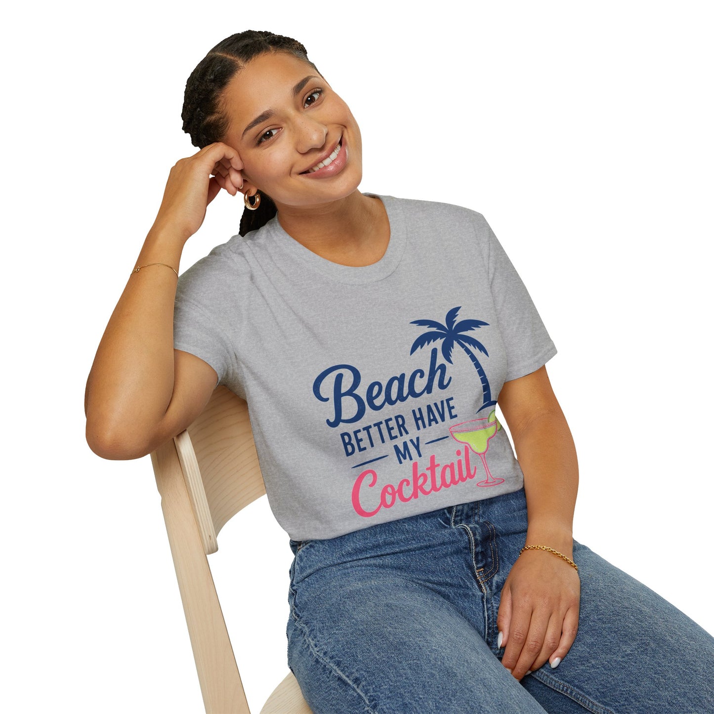 Beach Better Have My Cocktail Shirt, Sport Grey, worn by a model seated on a wooden chair