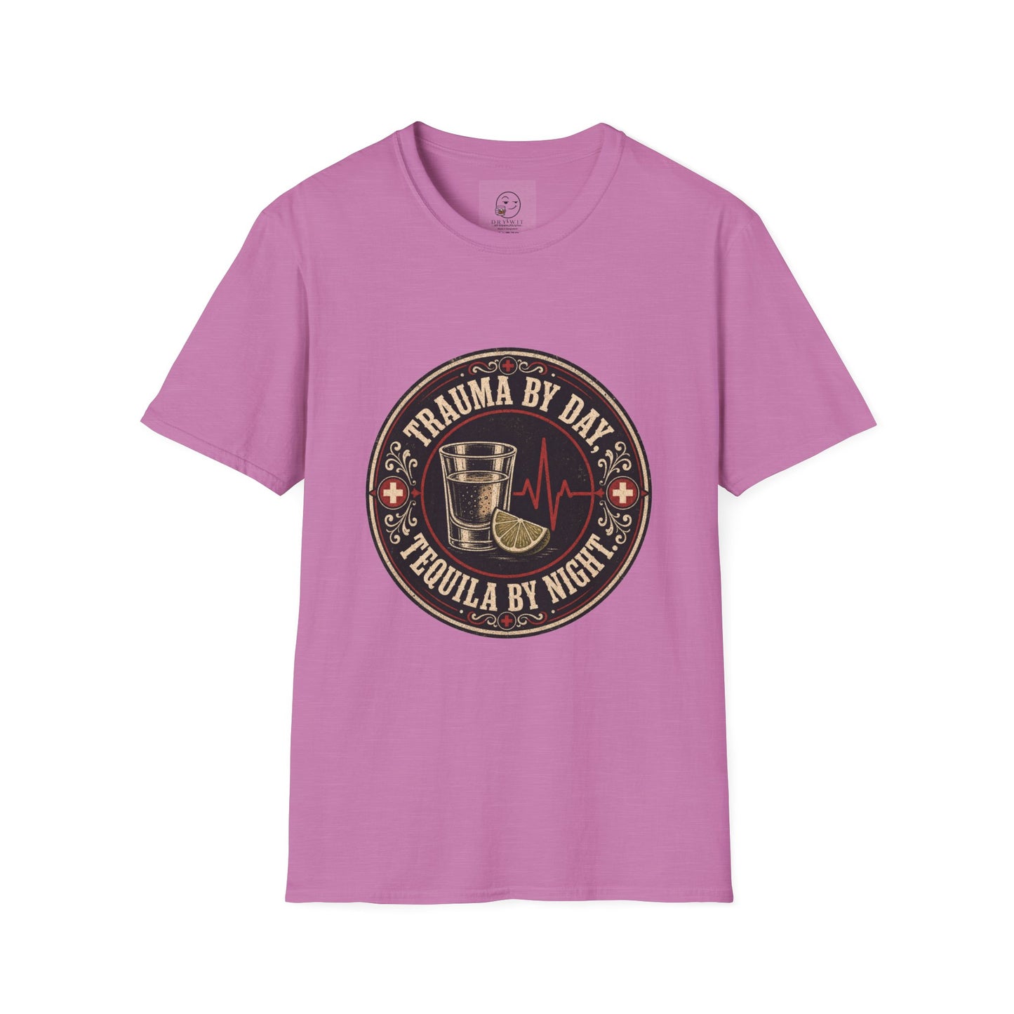 Circular vintage badge t-shirt graphic with a red cross border detail, a shot glass and lime wedge beside a heartbeat line, text reading Trauma By Day, Tequila By Night