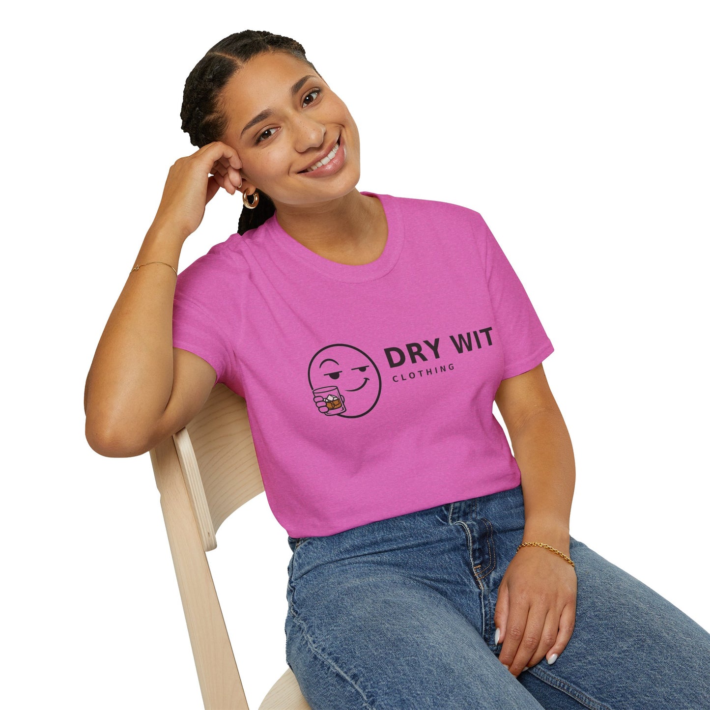 Dry Wit Logo Shirt, Heather Berry pink, worn by a model seated on a wooden chair