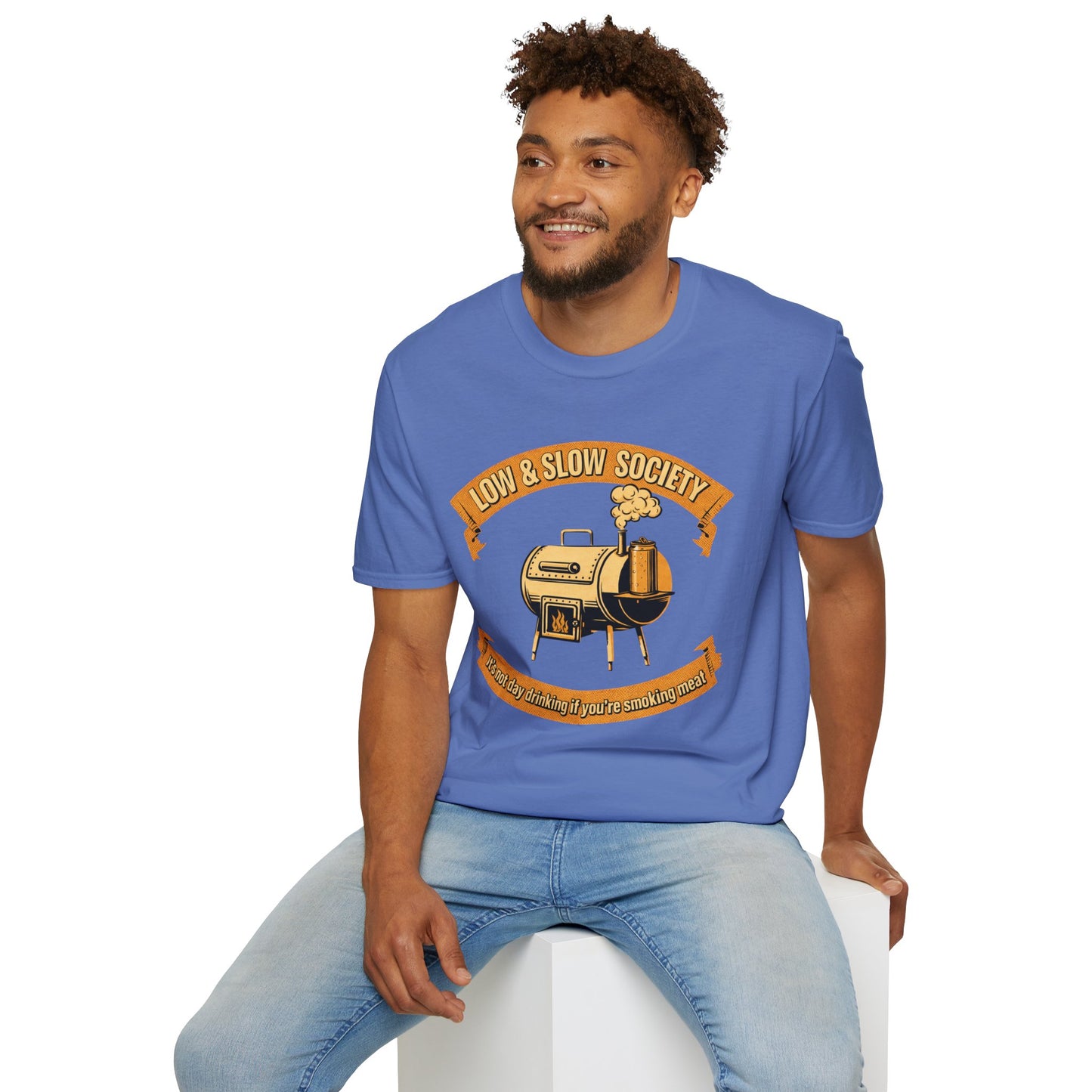 Low & Slow Society Shirt, Iris periwinkle, worn by a model seated on a white block