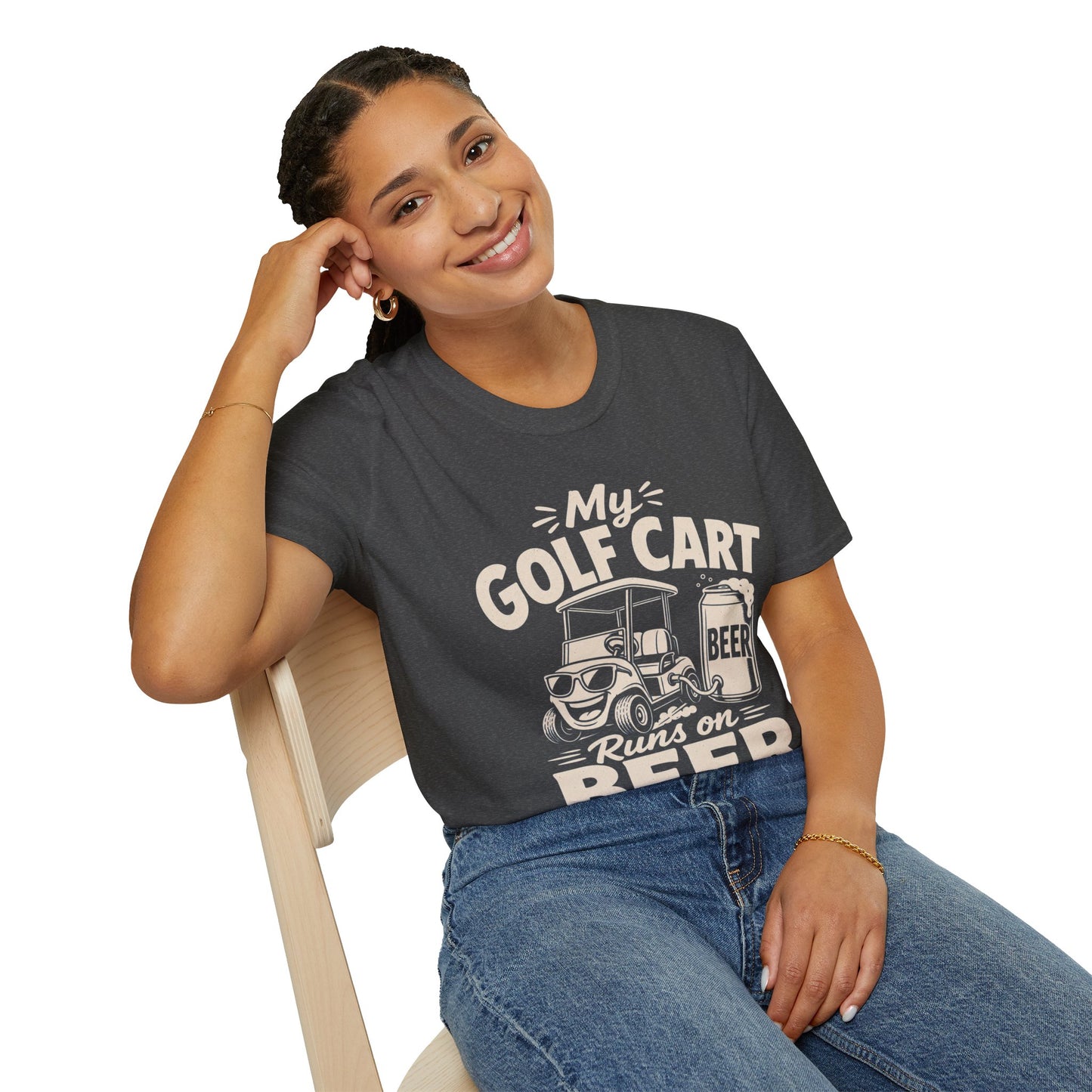 My Golf Cart Runs on Beer Shirt, Metro Blue, worn by a model seated on a wooden chair