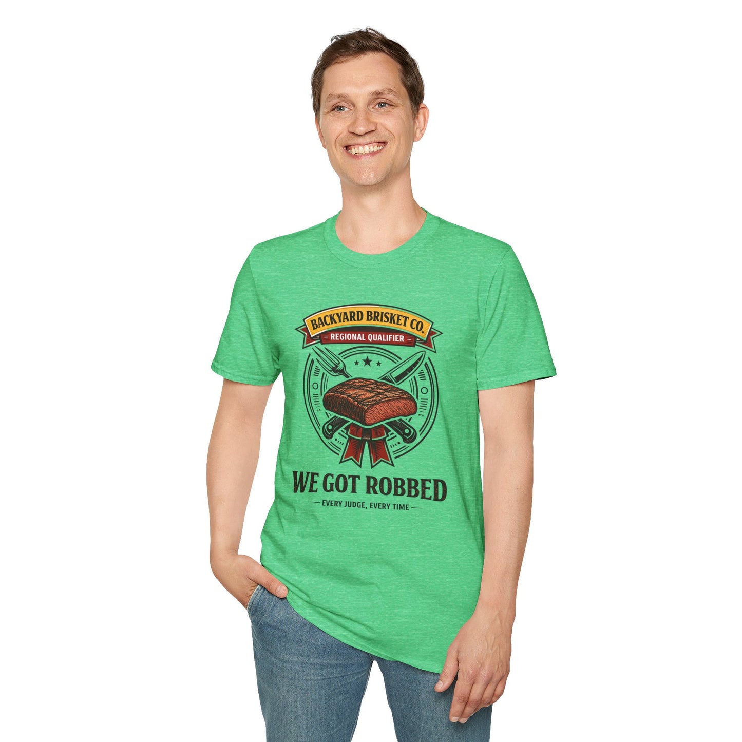 Backyard Brisket Co. Shirt, Heather Irish Green mint, worn by a standing model with one hand in their pocket