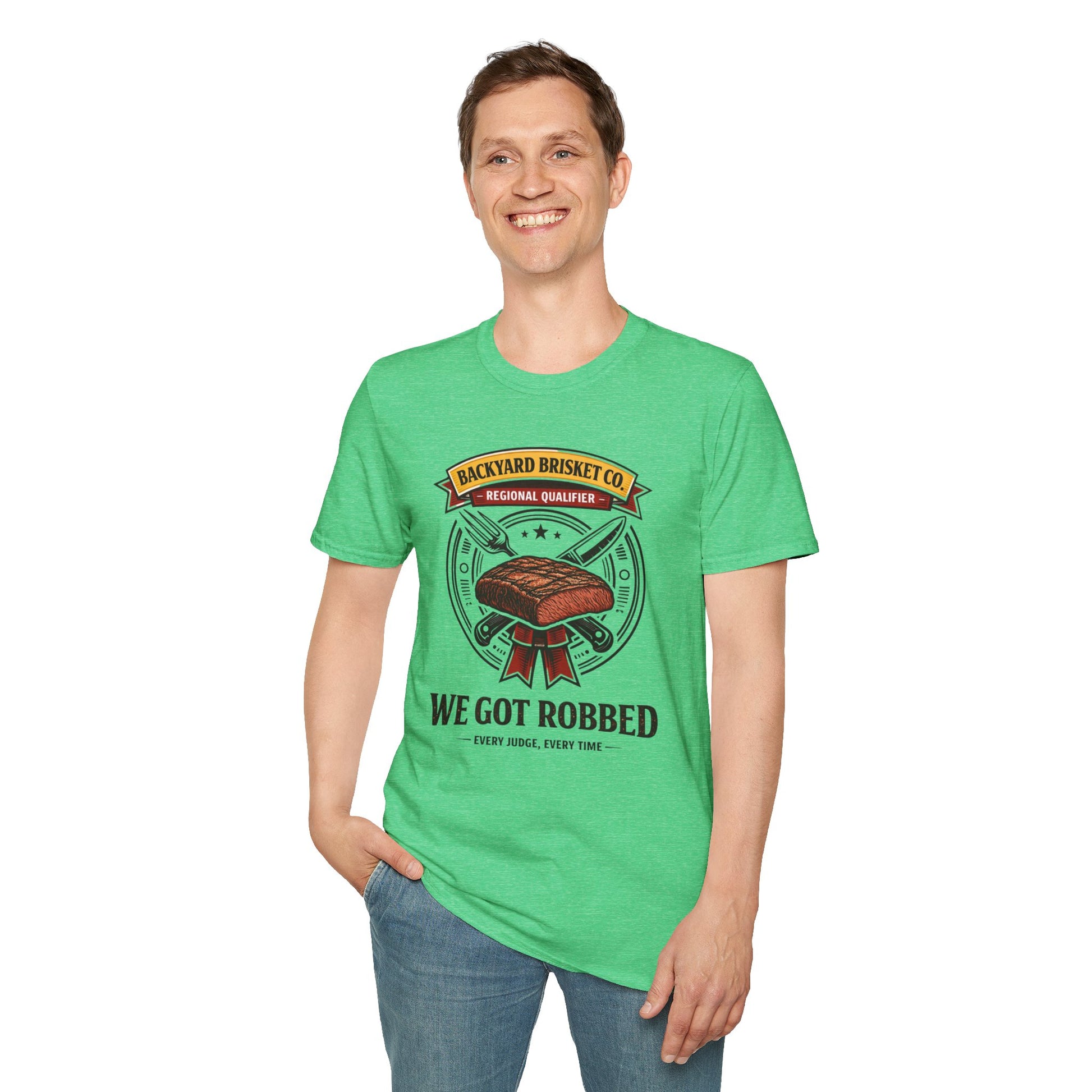 Backyard Brisket Co. Shirt, Heather Irish Green mint, worn by a standing model with one hand in their pocket