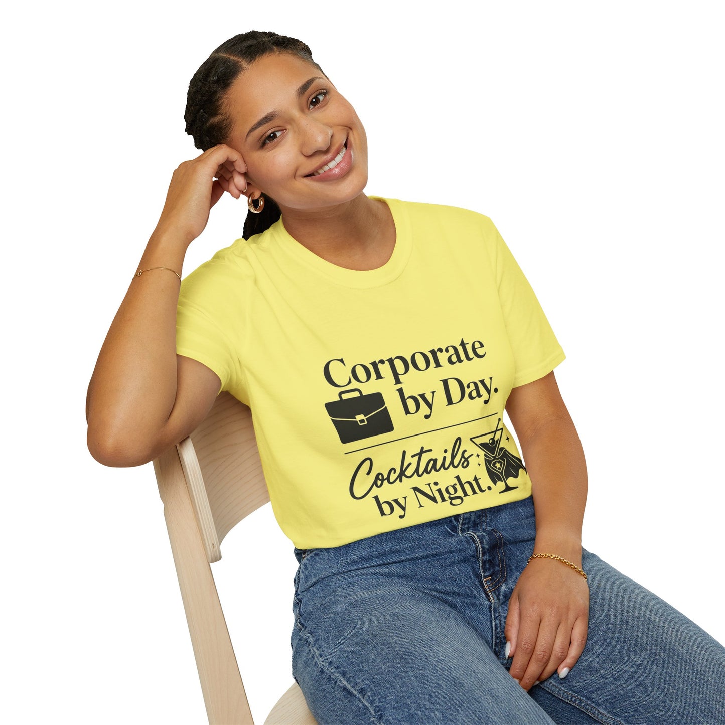 Corporate by Day, Cocktails by Night Shirt, Cornsilk pale yellow, worn by a model seated on a wooden chair