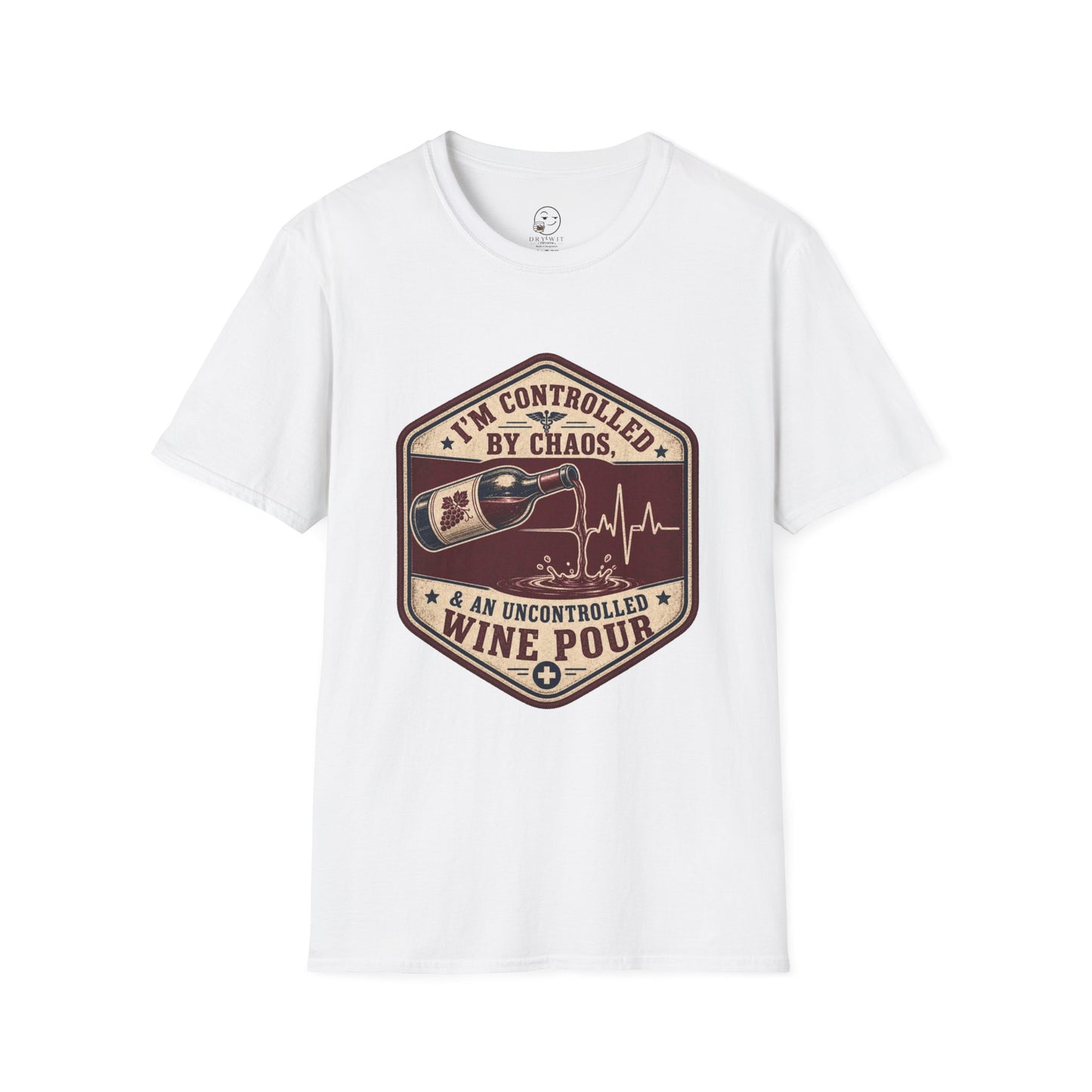 Hexagonal vintage badge t-shirt graphic of a wine bottle mid-pour with the liquid stream shaped like a heartbeat line, text reading I'm Controlled By Chaos & An Uncontrolled Wine Pour