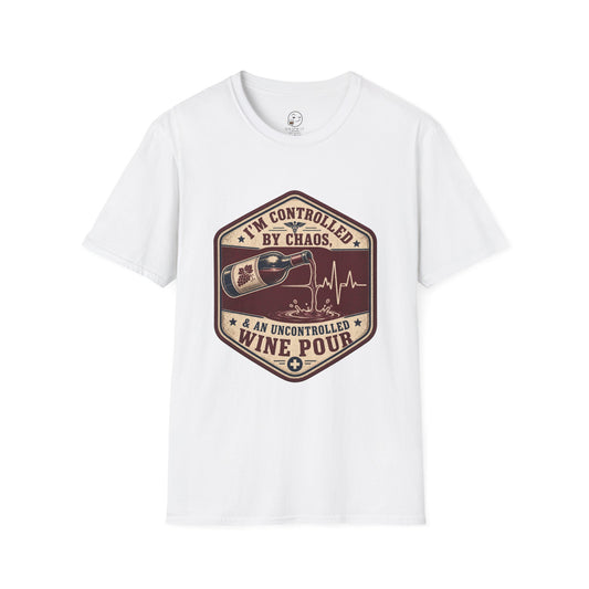 Hexagonal vintage badge t-shirt graphic of a wine bottle mid-pour with the liquid stream shaped like a heartbeat line, text reading I'm Controlled By Chaos & An Uncontrolled Wine Pour