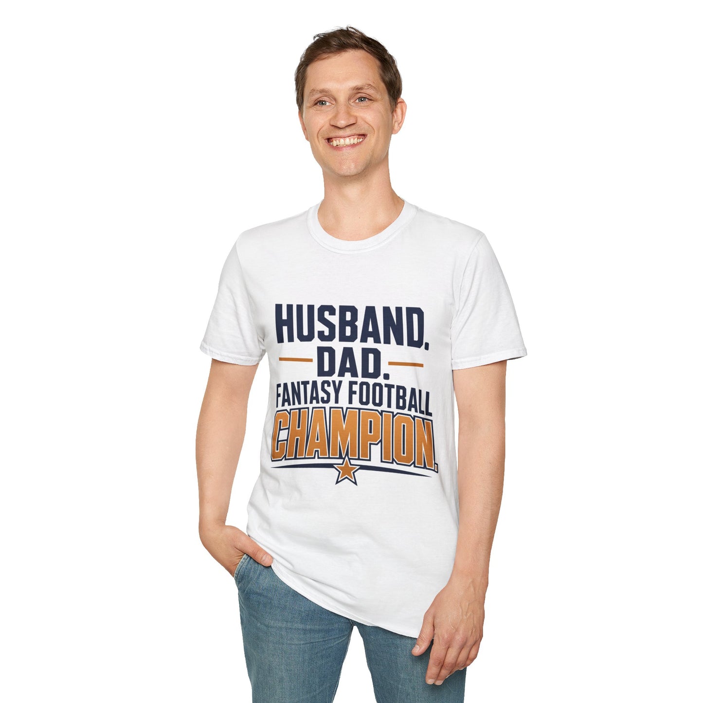 T-shirt design with navy and amber text reading Husband Dad Fantasy Football Champion, gold star accent