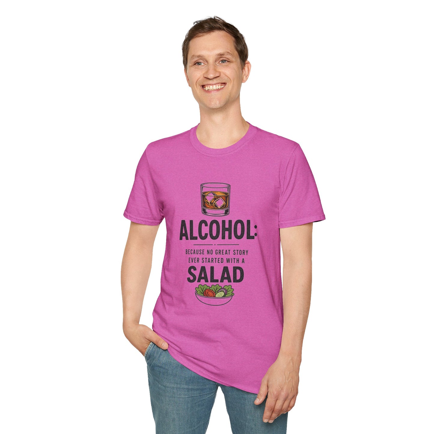 No Great Story Started With a Salad Shirt, Heather Berry pink, worn by a standing model with one hand in their pocket