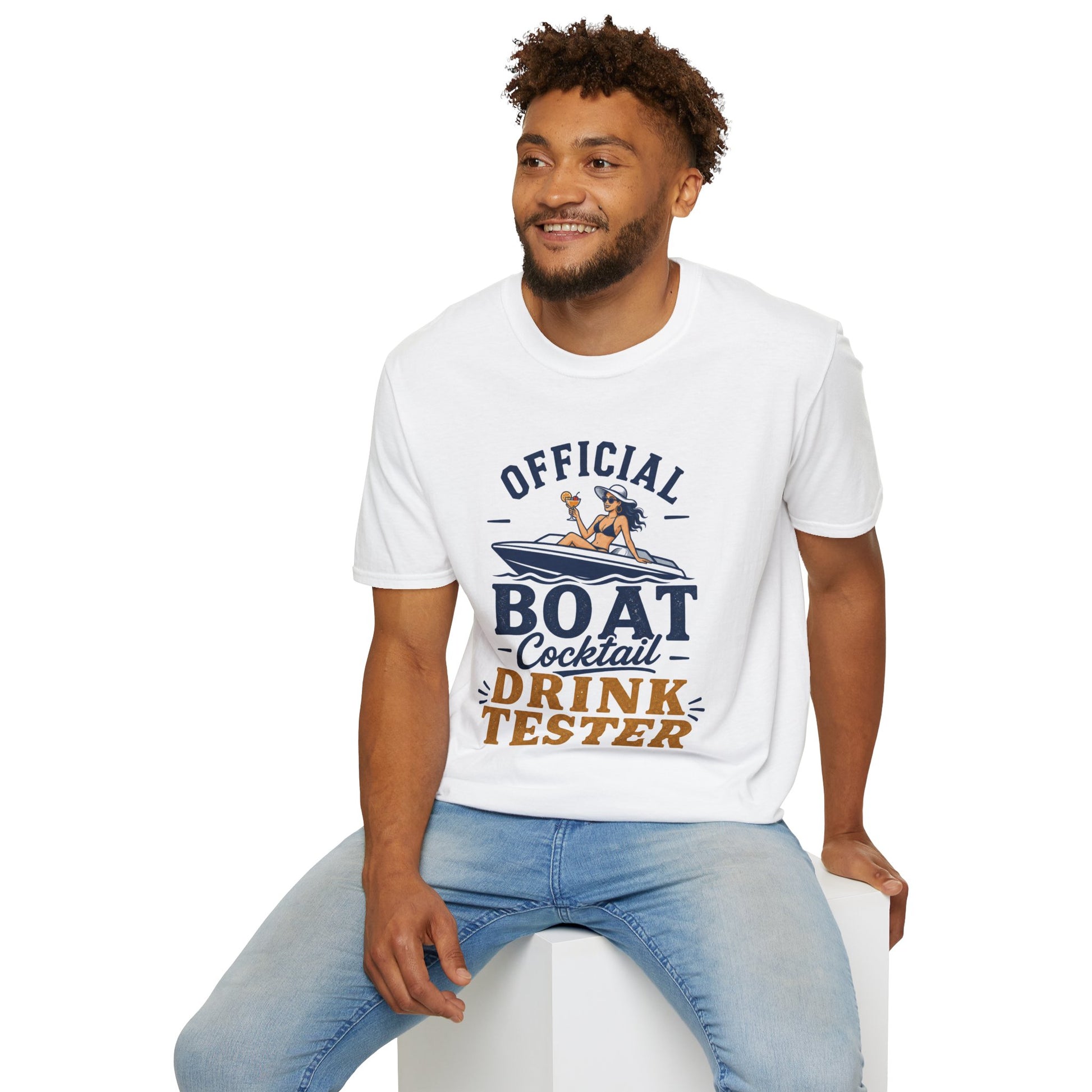 Official Boat Cocktail Drink Tester Shirt, White, worn by a model seated on a white block