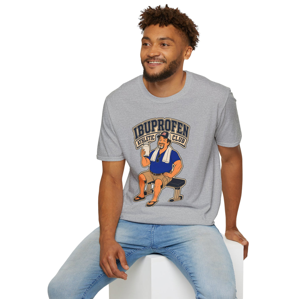 Ibuprofen Athletic Club Shirt, Sport Grey, worn by a model seated on a white block
