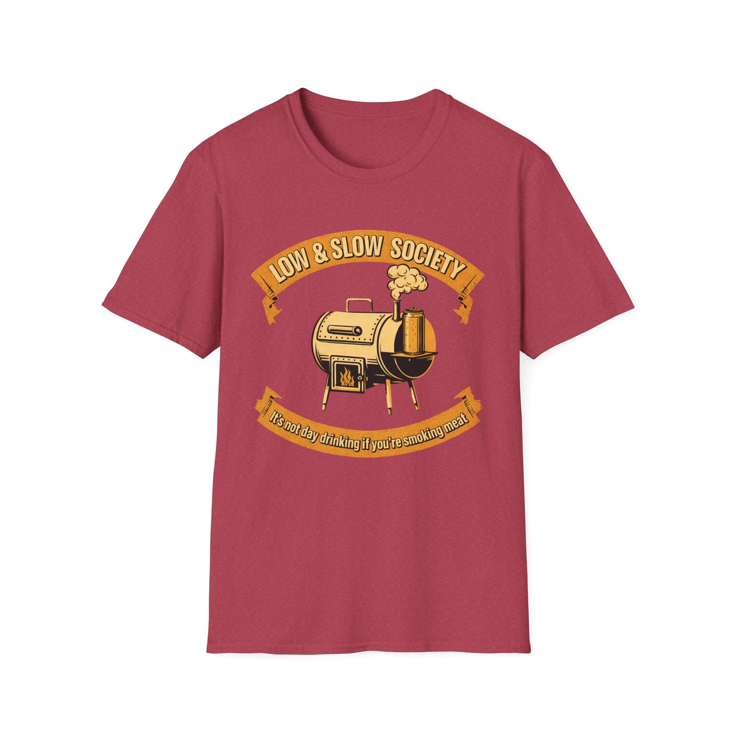 Low & Slow Society Shirt, Heather Cardinal red, front flat lay