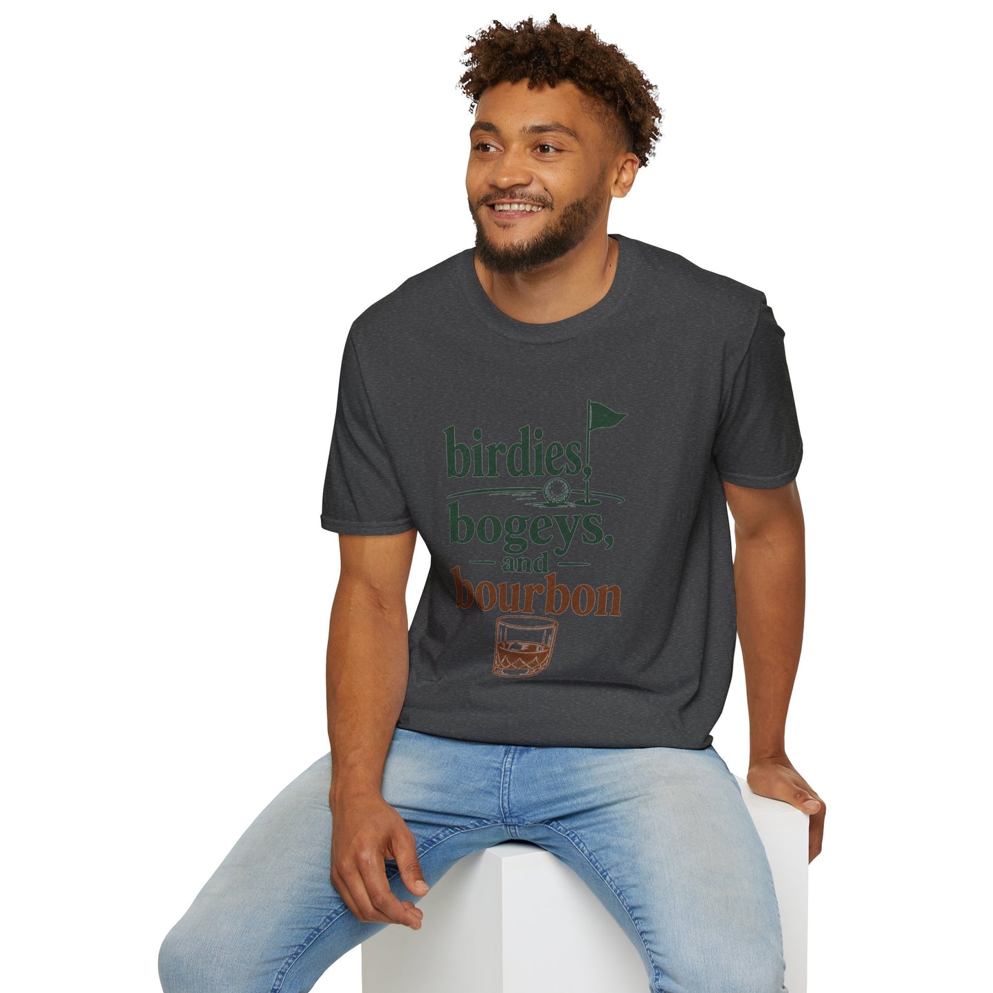 Birdies, Bogeys, and Bourbon Shirt, Dark Heather charcoal, worn by a model seated on a white block