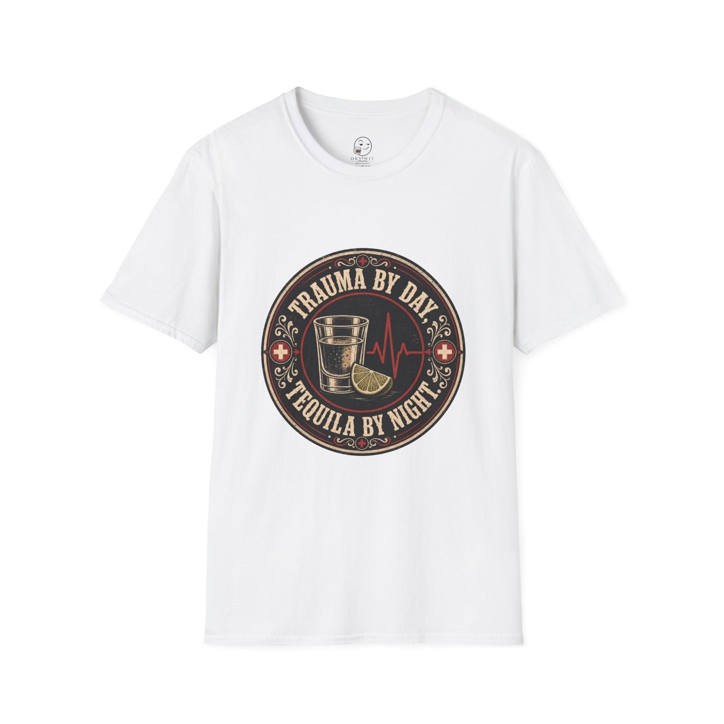 Circular vintage badge t-shirt graphic with a red cross border detail, a shot glass and lime wedge beside a heartbeat line, text reading Trauma By Day, Tequila By Night