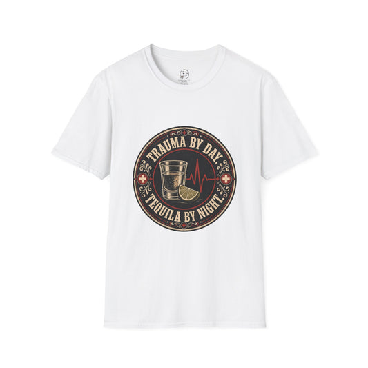 Circular vintage badge t-shirt graphic with a red cross border detail, a shot glass and lime wedge beside a heartbeat line, text reading Trauma By Day, Tequila By Night