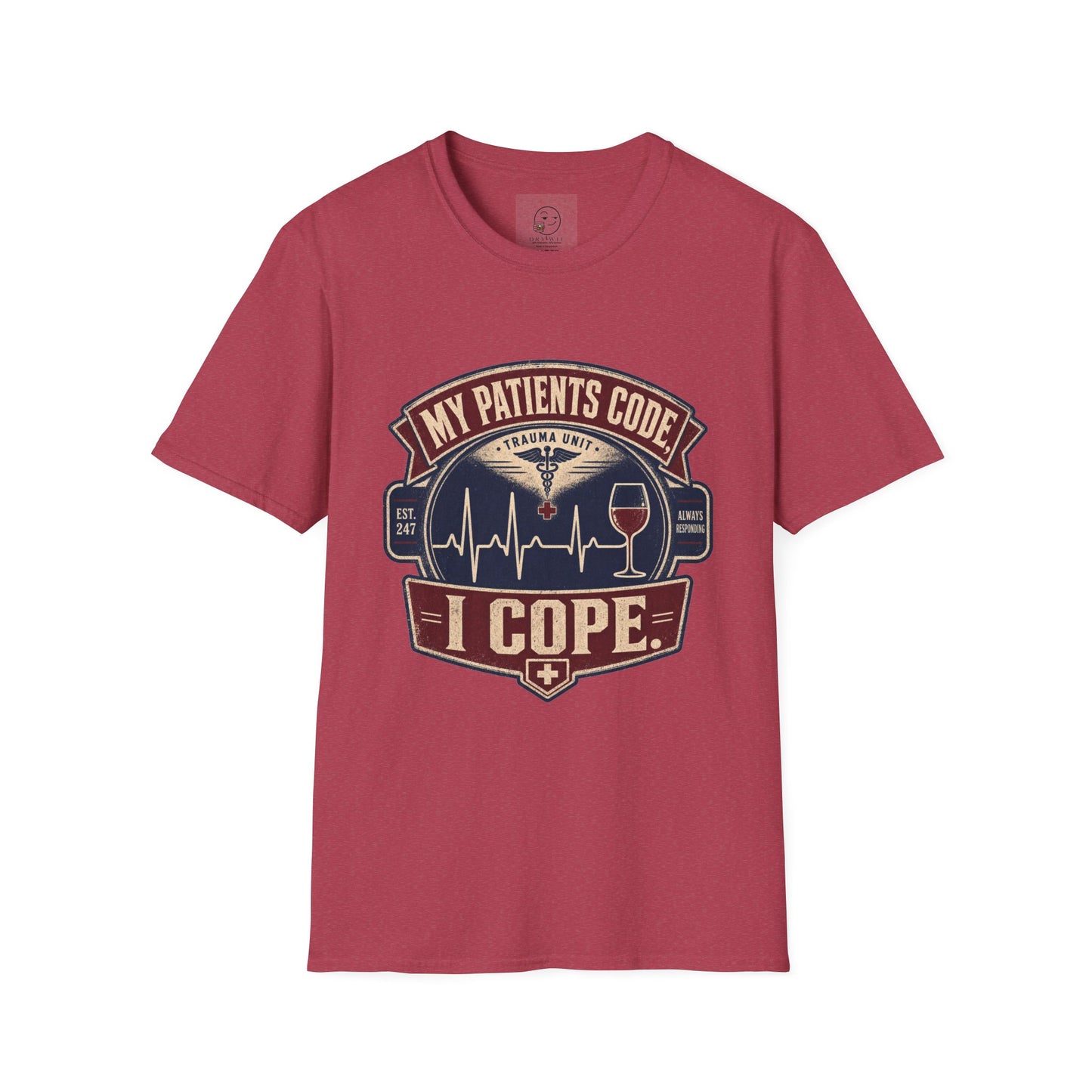 Vintage badge t-shirt graphic of an EKG heartbeat line transitioning into a wine glass shape with a small caduceus icon, text reading My Patients Code, I Cope