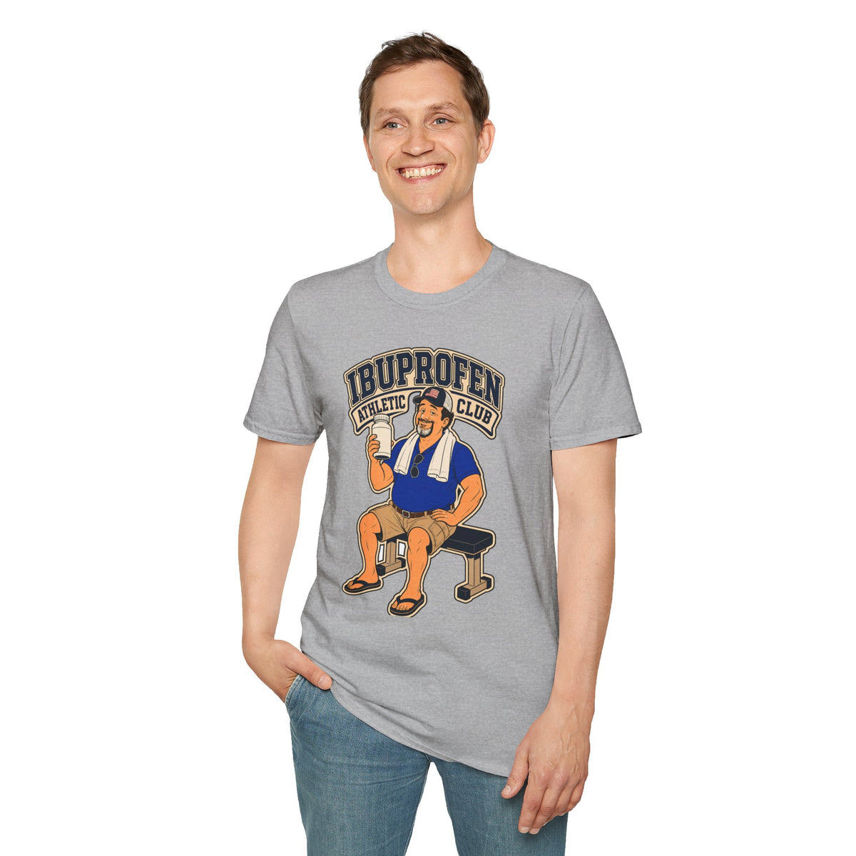 Ibuprofen Athletic Club Shirt, Sport Grey, worn by a standing model with one hand in their pocket
