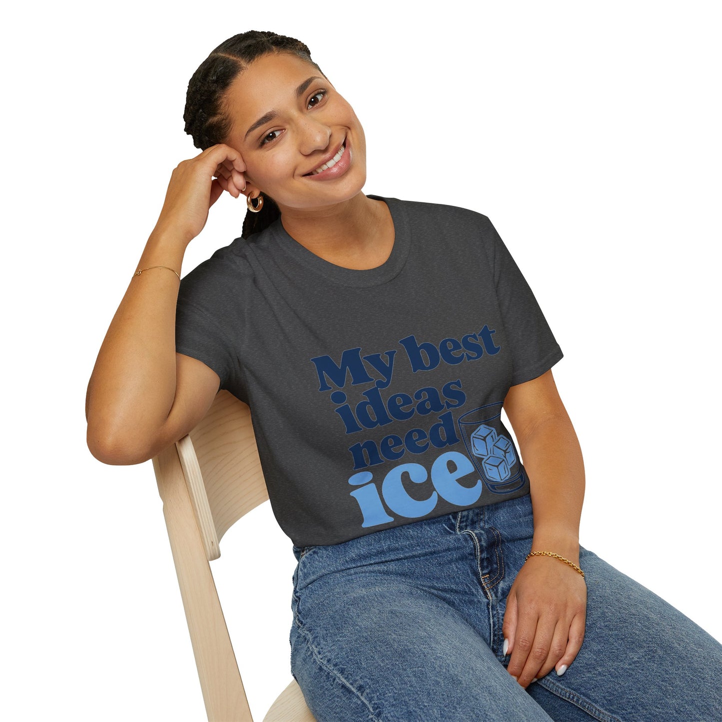 My Best Ideas Need Ice Shirt, Dark Heather charcoal, worn by a model seated on a wooden chair