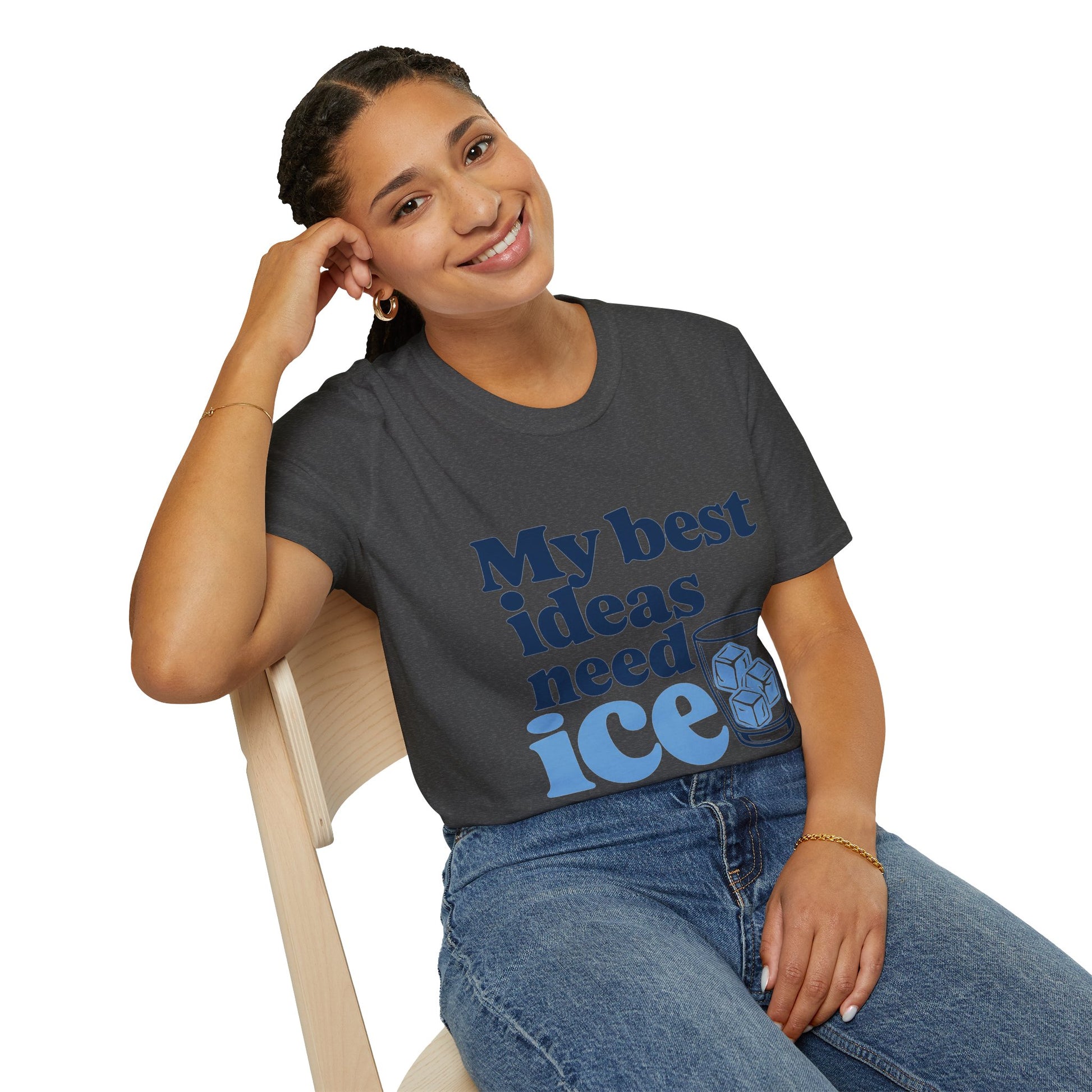 My Best Ideas Need Ice Shirt, Dark Heather charcoal, worn by a model seated on a wooden chair