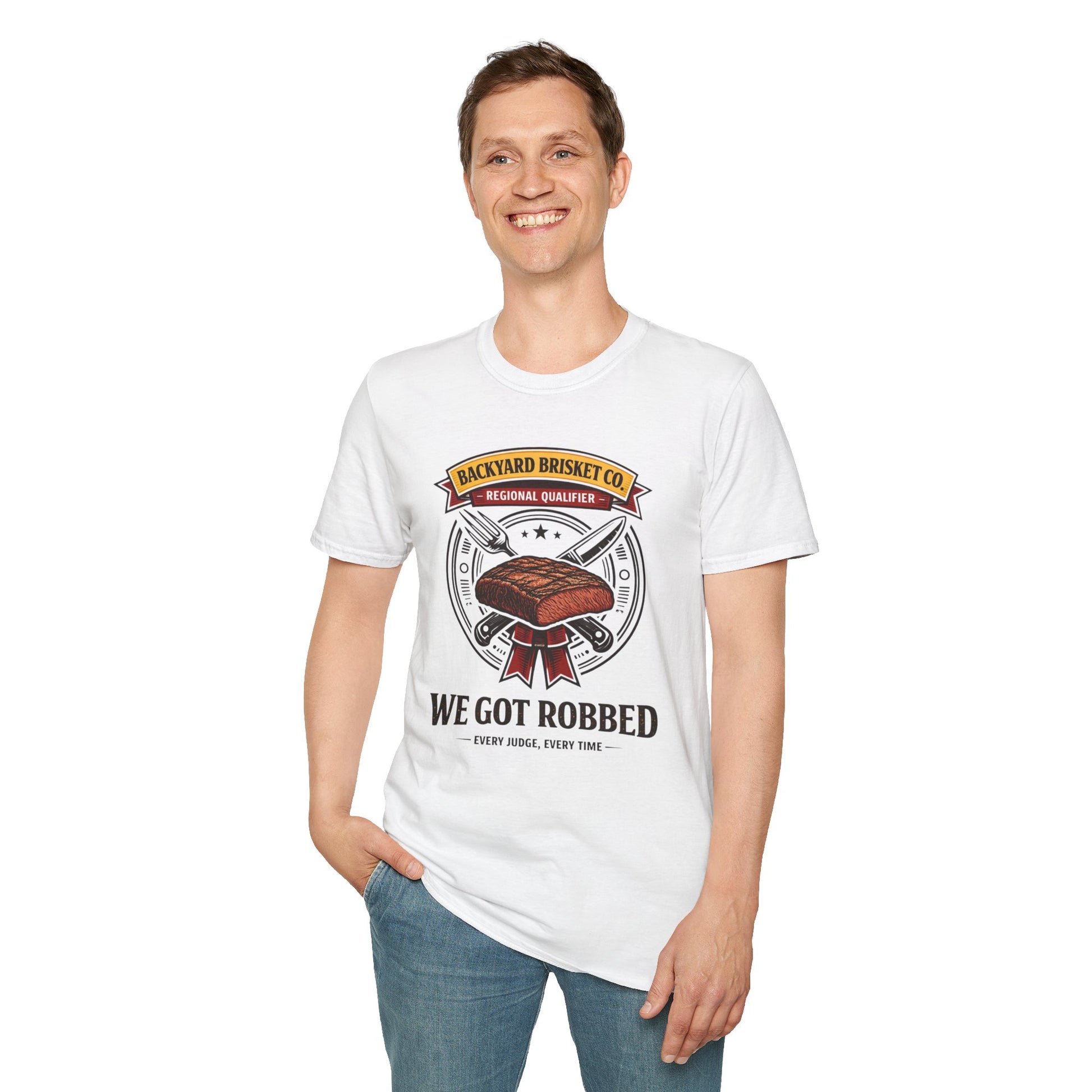 Backyard Brisket Co. Shirt, White, worn by a standing model with one hand in their pocket