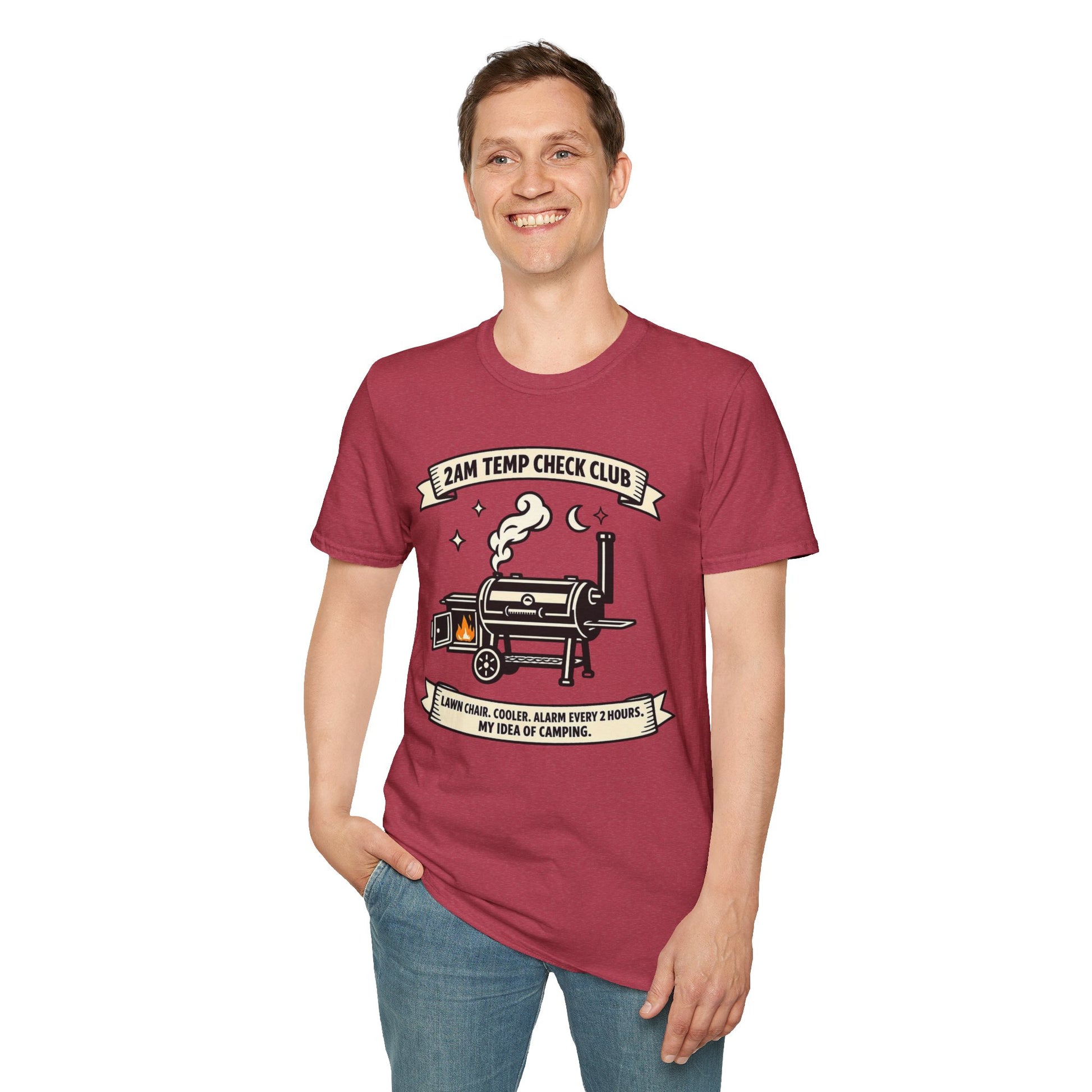 2AM Temp Check Club Shirt, Heather Cardinal red, worn by a standing model with one hand in their pocket
