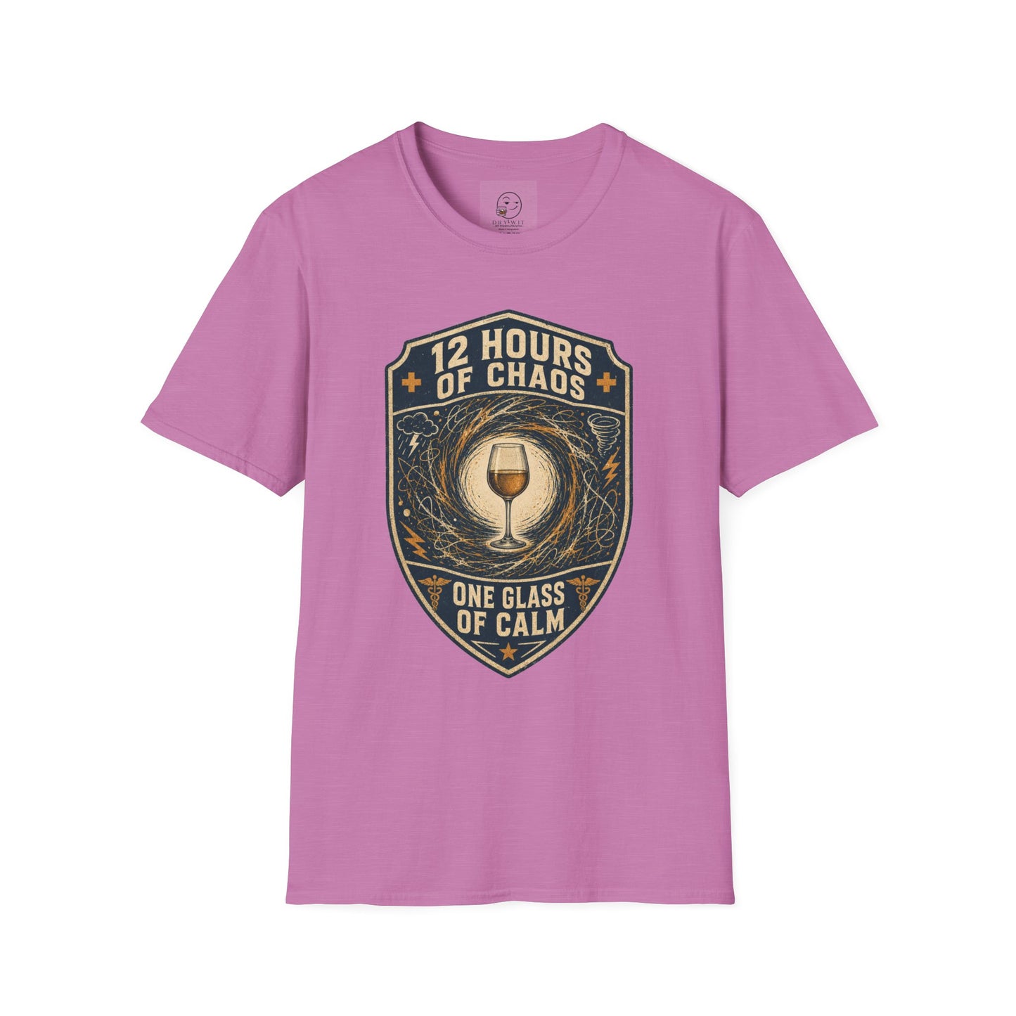 Shield-shaped vintage badge t-shirt graphic of a wine glass sitting calmly amid a swirling chaos symbol, text reading 12 Hours Of Chaos, One Glass Of Calm