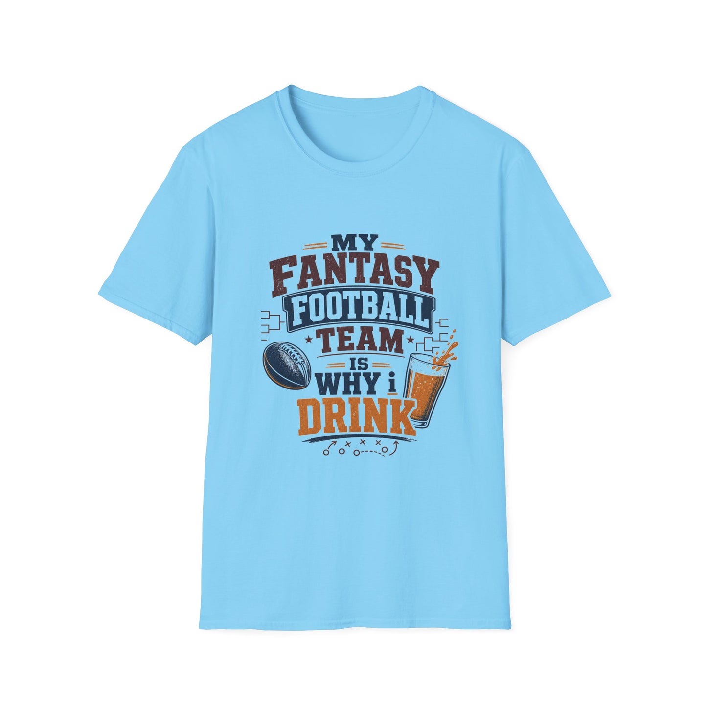 T-shirt design with maroon and navy text reading My Fantasy Football Team Is Why I Drink, football, tournament bracket, and pouring beer glass graphics
