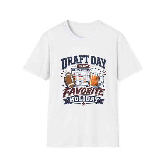 T-shirt design with navy Draft Day text, a fantasy football draft board grid, football, and foaming beer mug graphic, banner reading Favorite Holiday