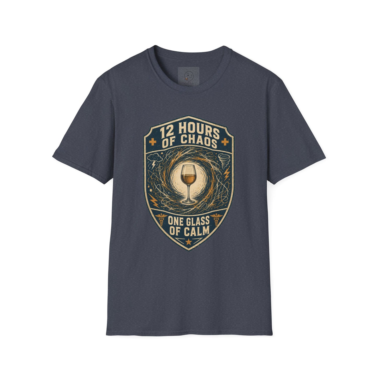 Shield-shaped vintage badge t-shirt graphic of a wine glass sitting calmly amid a swirling chaos symbol, text reading 12 Hours Of Chaos, One Glass Of Calm