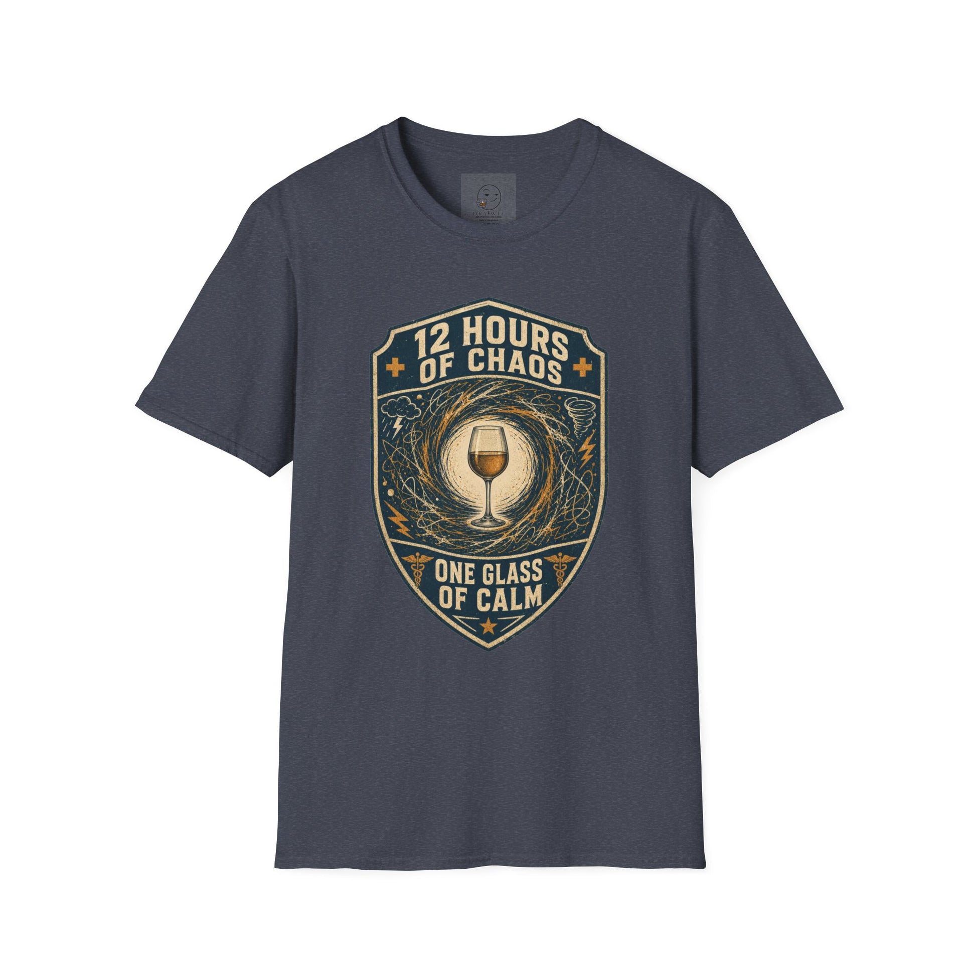 Shield-shaped vintage badge t-shirt graphic of a wine glass sitting calmly amid a swirling chaos symbol, text reading 12 Hours Of Chaos, One Glass Of Calm