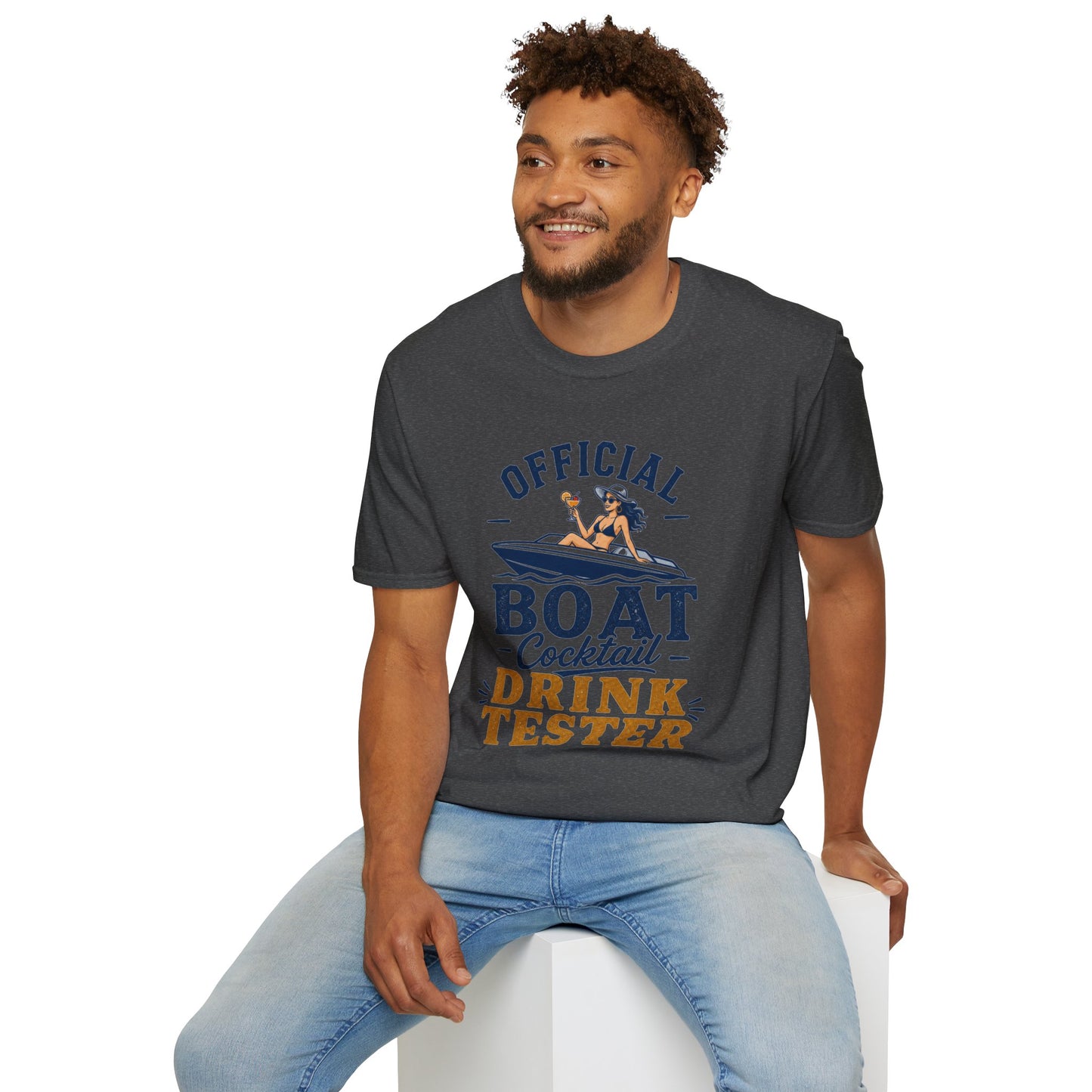 Official Boat Cocktail Drink Tester Shirt, Dark Heather charcoal, worn by a model seated on a white block