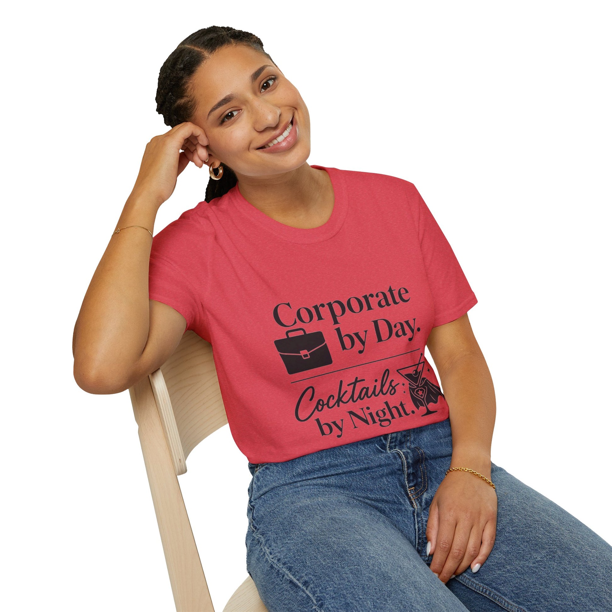 Corporate by Day, Cocktails by Night Shirt, Heather Red, worn by a model seated on a wooden chair