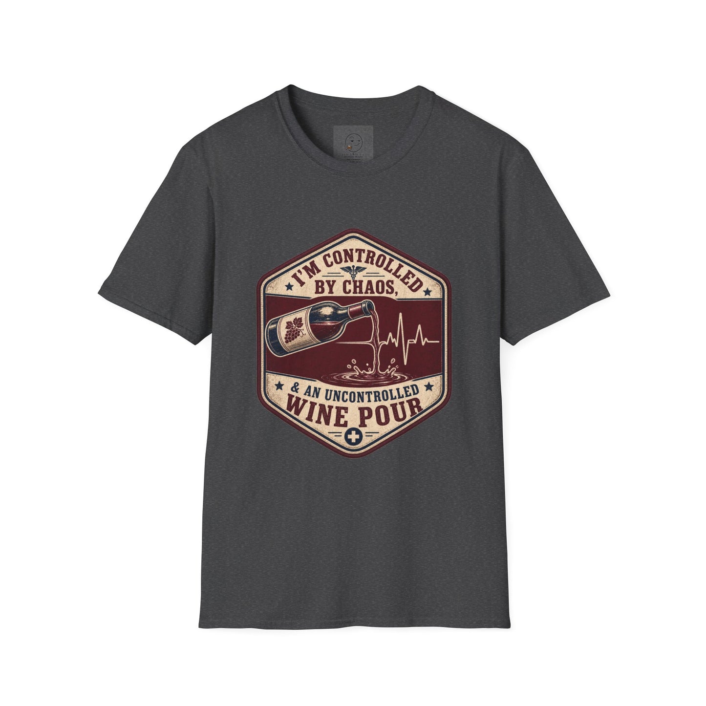 Hexagonal vintage badge t-shirt graphic of a wine bottle mid-pour with the liquid stream shaped like a heartbeat line, text reading I'm Controlled By Chaos & An Uncontrolled Wine Pour
