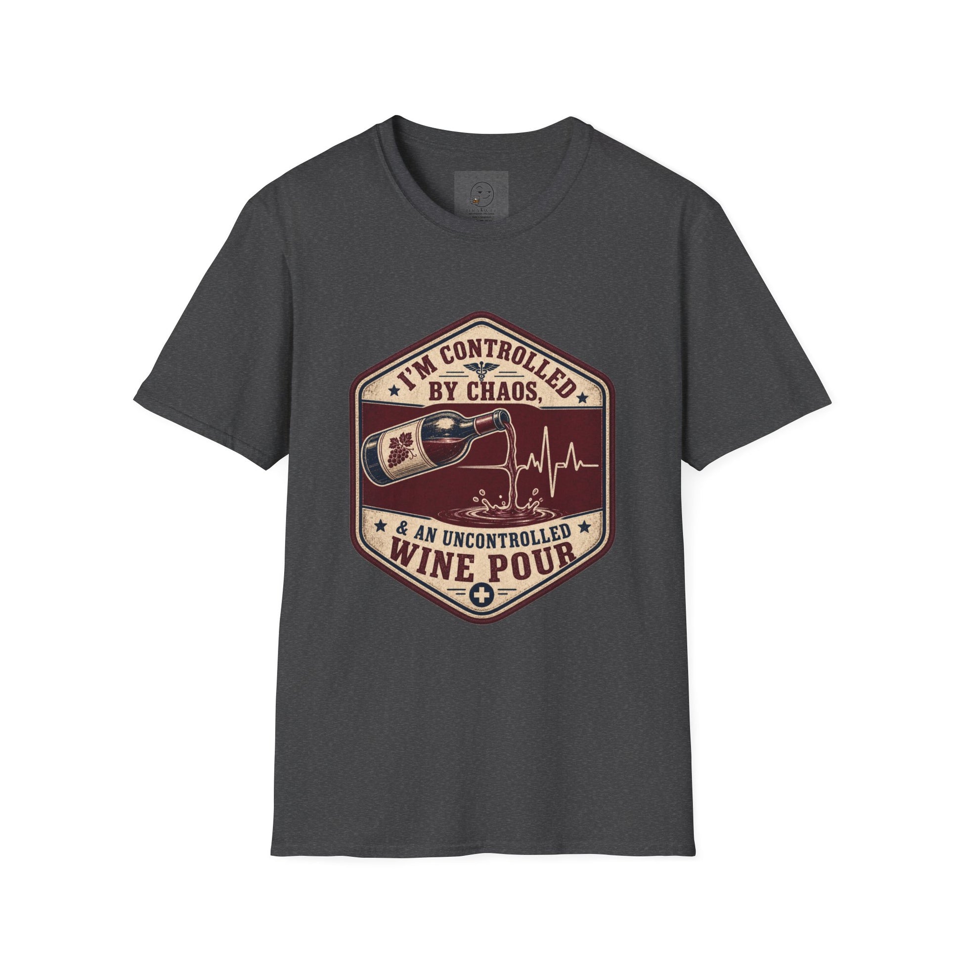 Hexagonal vintage badge t-shirt graphic of a wine bottle mid-pour with the liquid stream shaped like a heartbeat line, text reading I'm Controlled By Chaos & An Uncontrolled Wine Pour