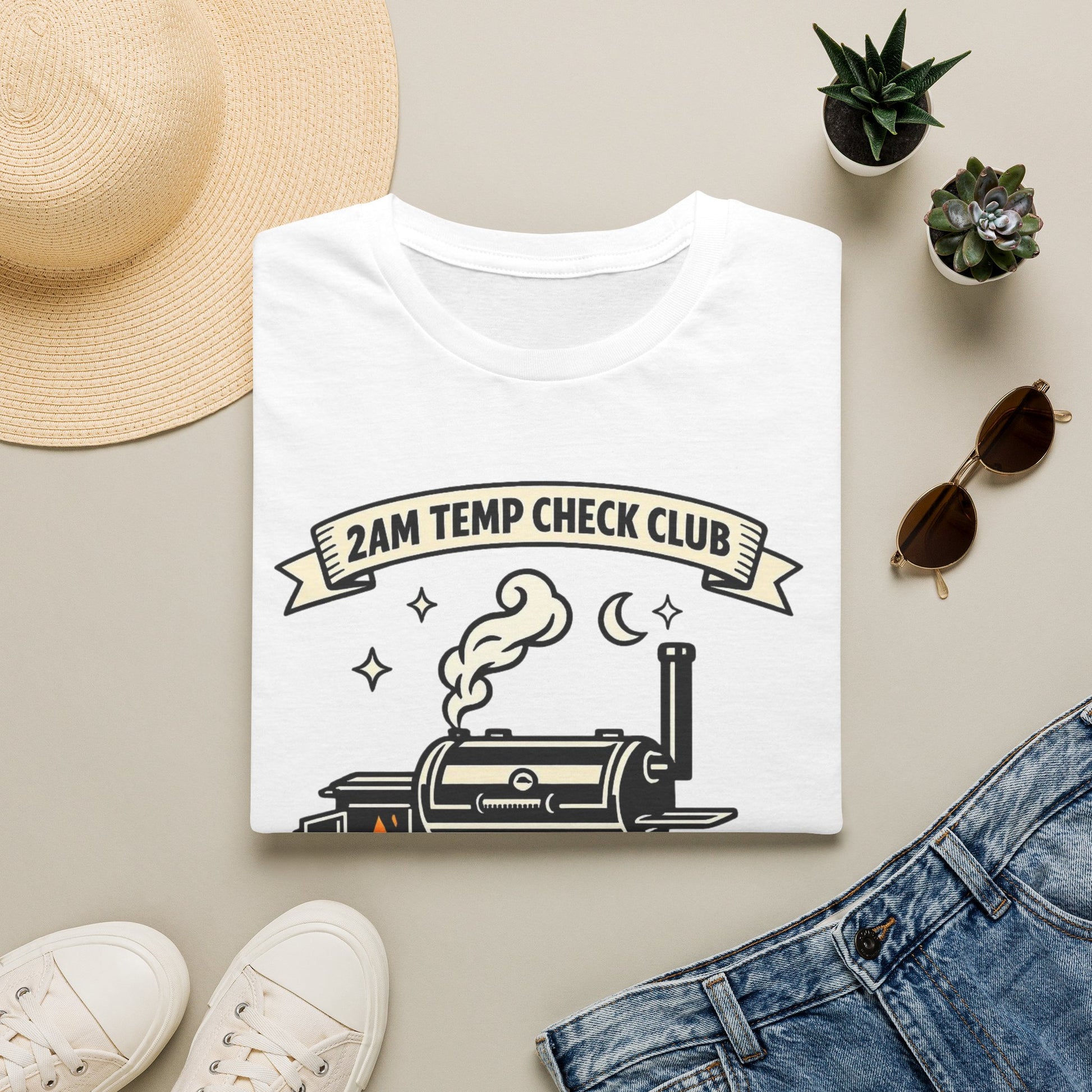2AM Temp Check Club Shirt, White, folded flat lay styled with a straw hat, sunglasses, sneakers and denim