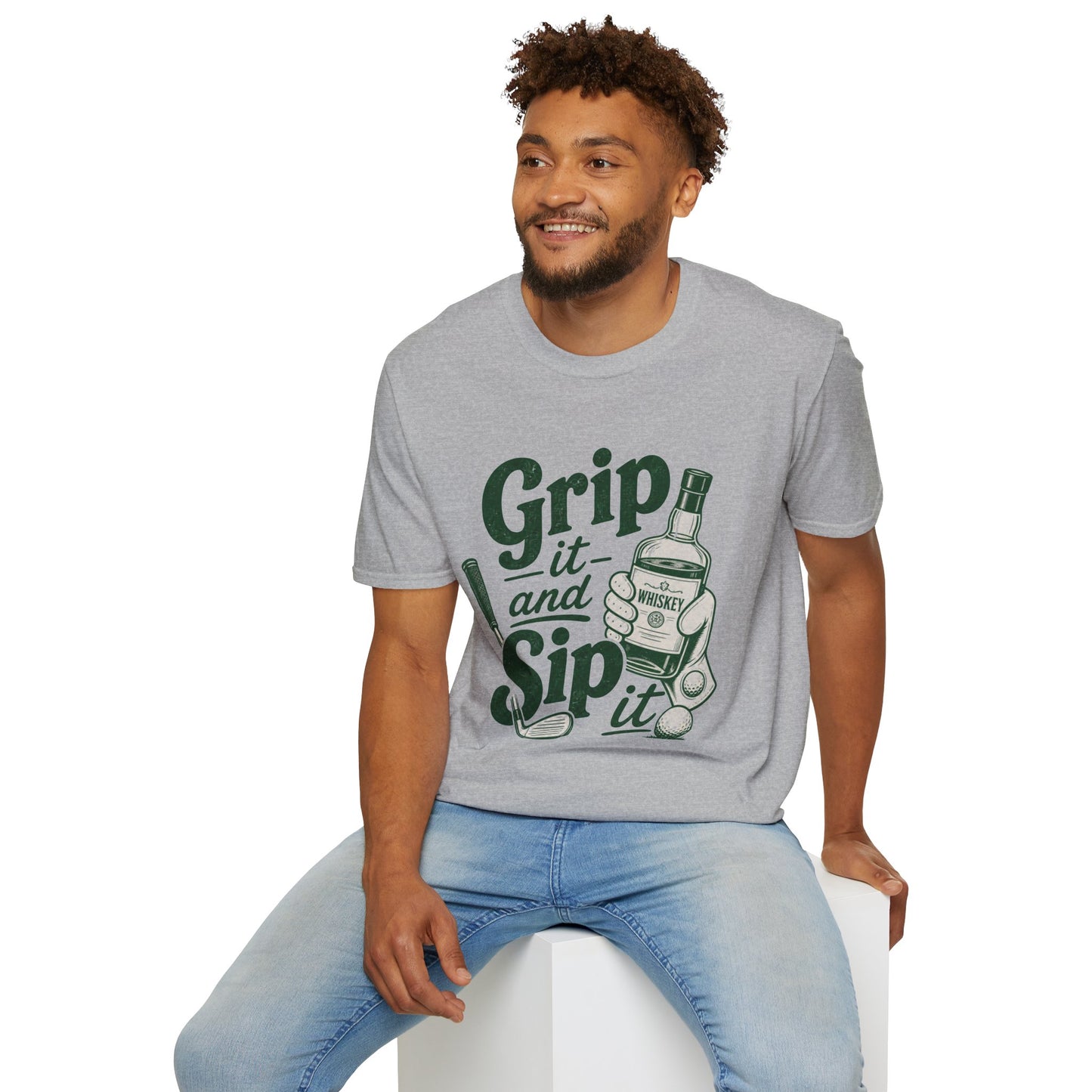 Grip It and Sip It funny golf whiskey shirt, Sport Grey, worn by a seated model