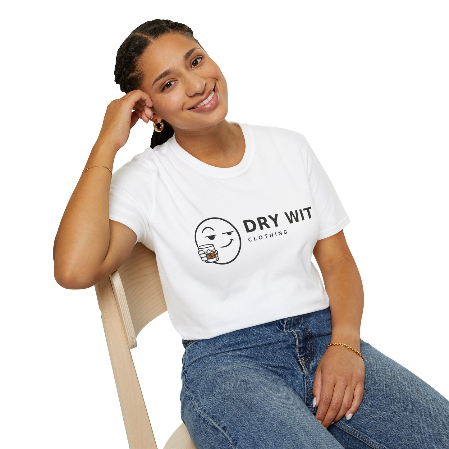 Dry Wit Logo Shirt, White, worn by a model seated on a wooden chair